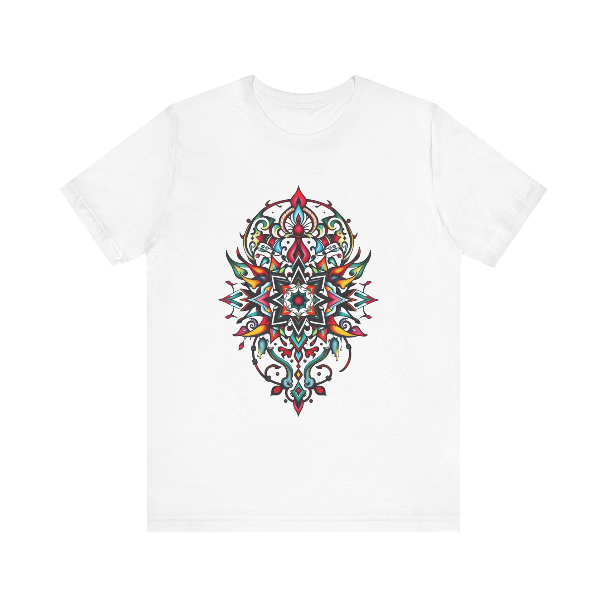 Bold tee featuring a vibrant, intricate mandala design, offered in multiple color options