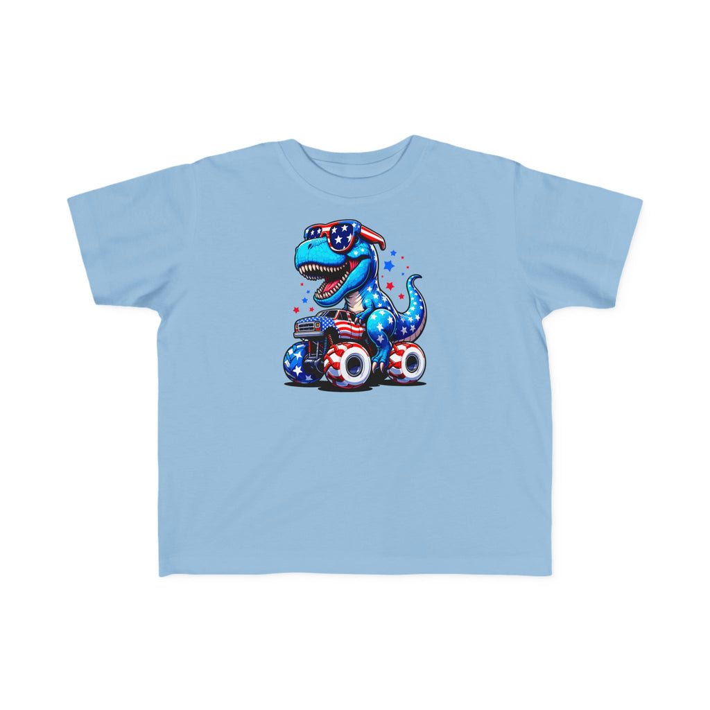 Patriotic Dino Monster Truck Kids’ T-Shirt – USA Stars & Stripes T-Rex Tee