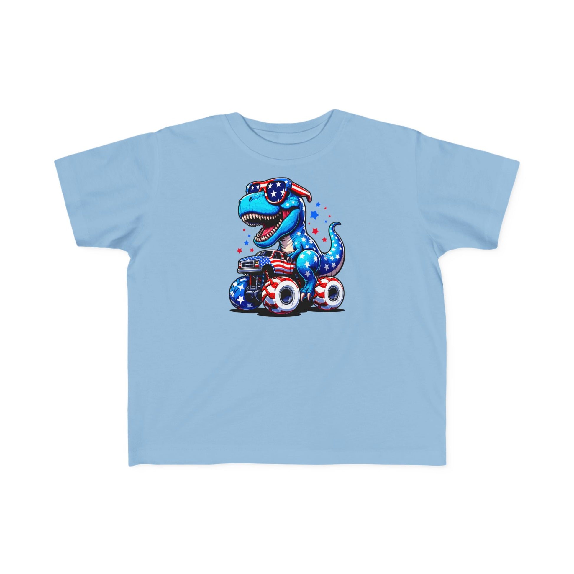 Patriotic Dino Monster Truck Kids’ T-Shirt – USA Stars & Stripes T-Rex Tee