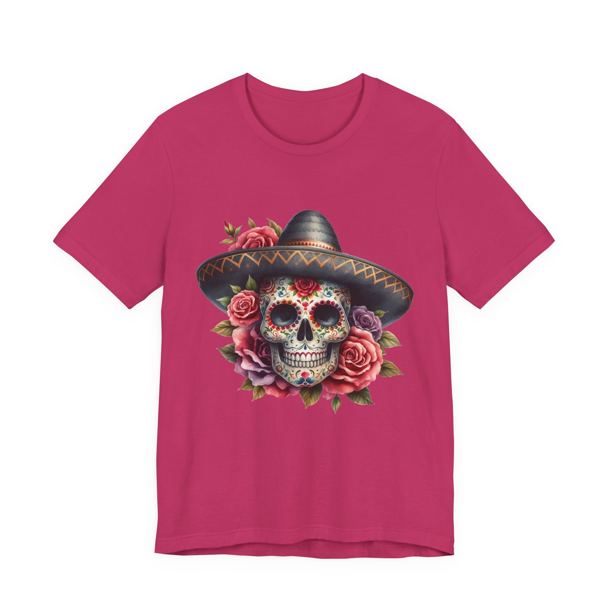 Colorful tee featuring a sugar skull in sombrero and roses for vibrant fiesta vibes