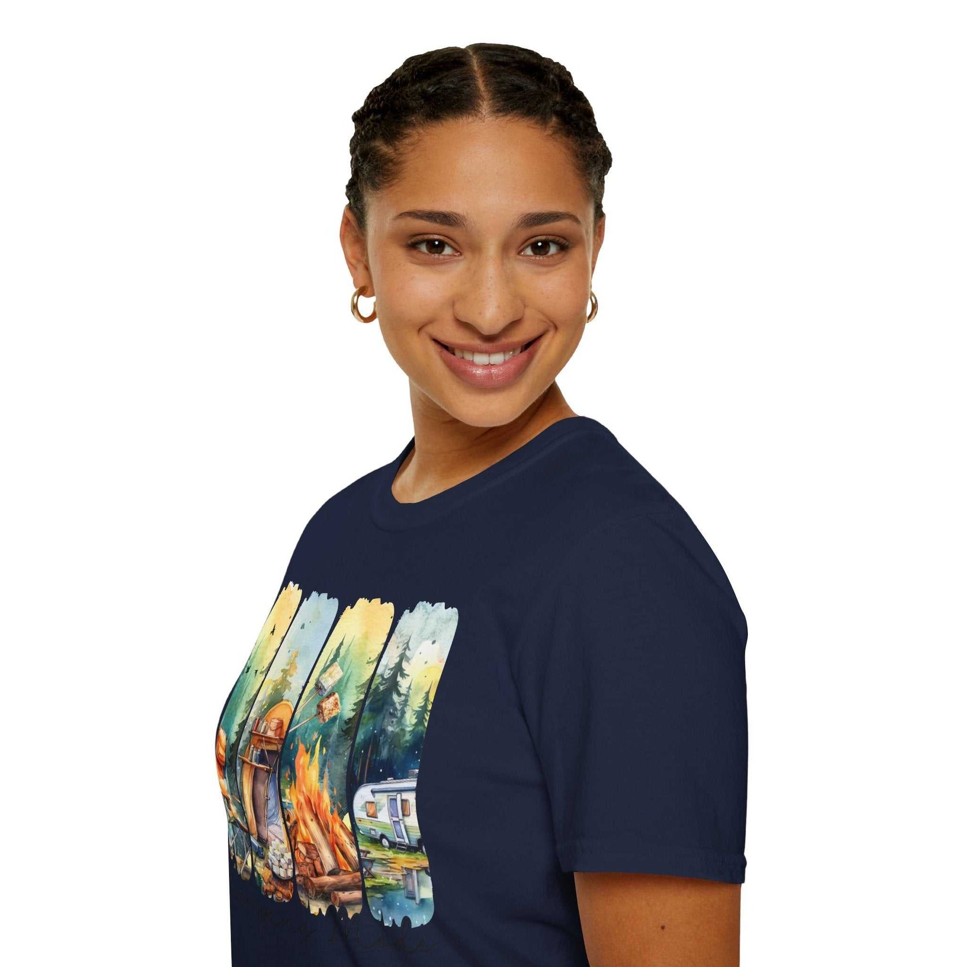 Woman wearing navy blue Camping Adventure Unisex T-Shirt with colorful camping and nature design