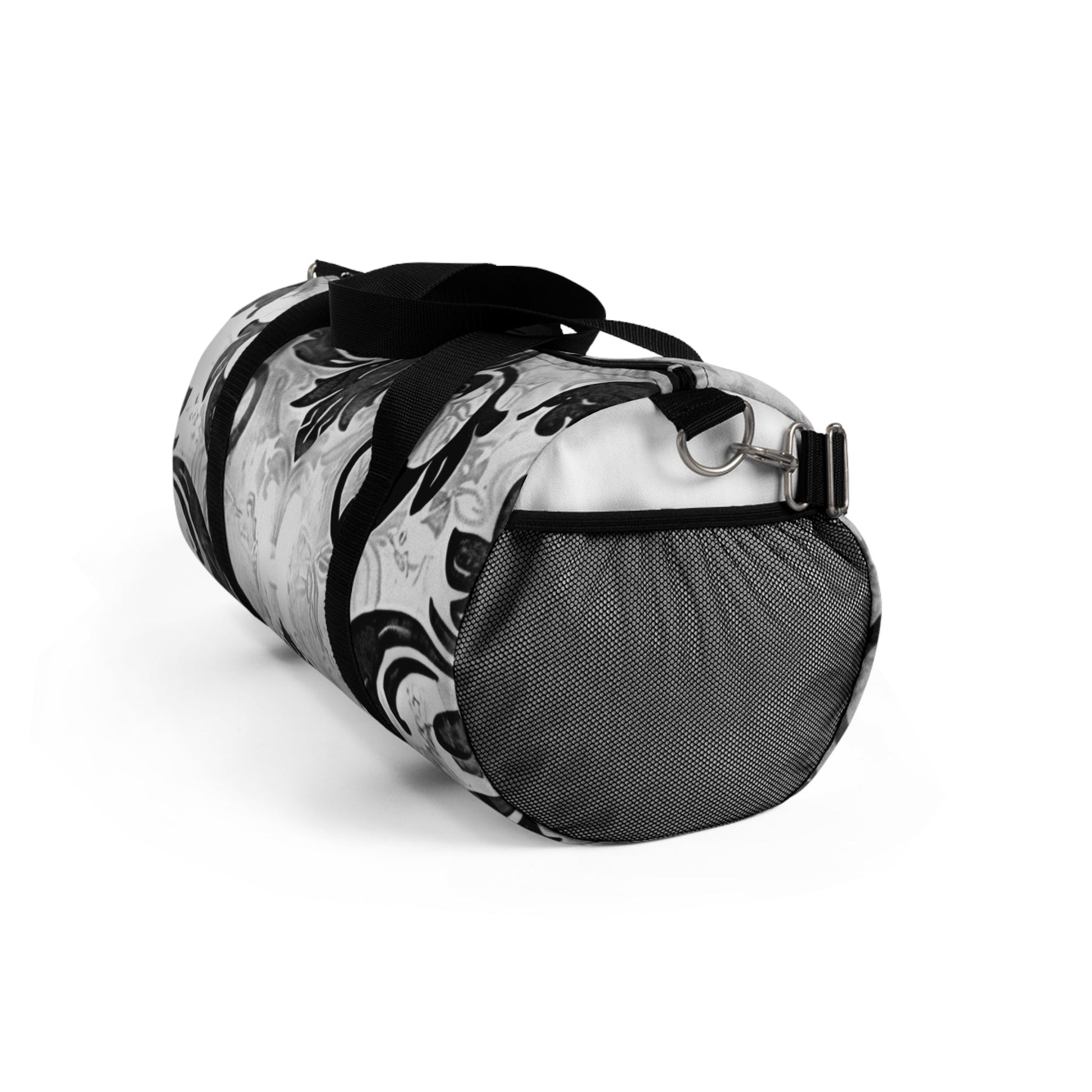 Stylish duffel bag with gothic black and white design, mesh side pocket, adjustable shoulder strap, and durable polyester material.