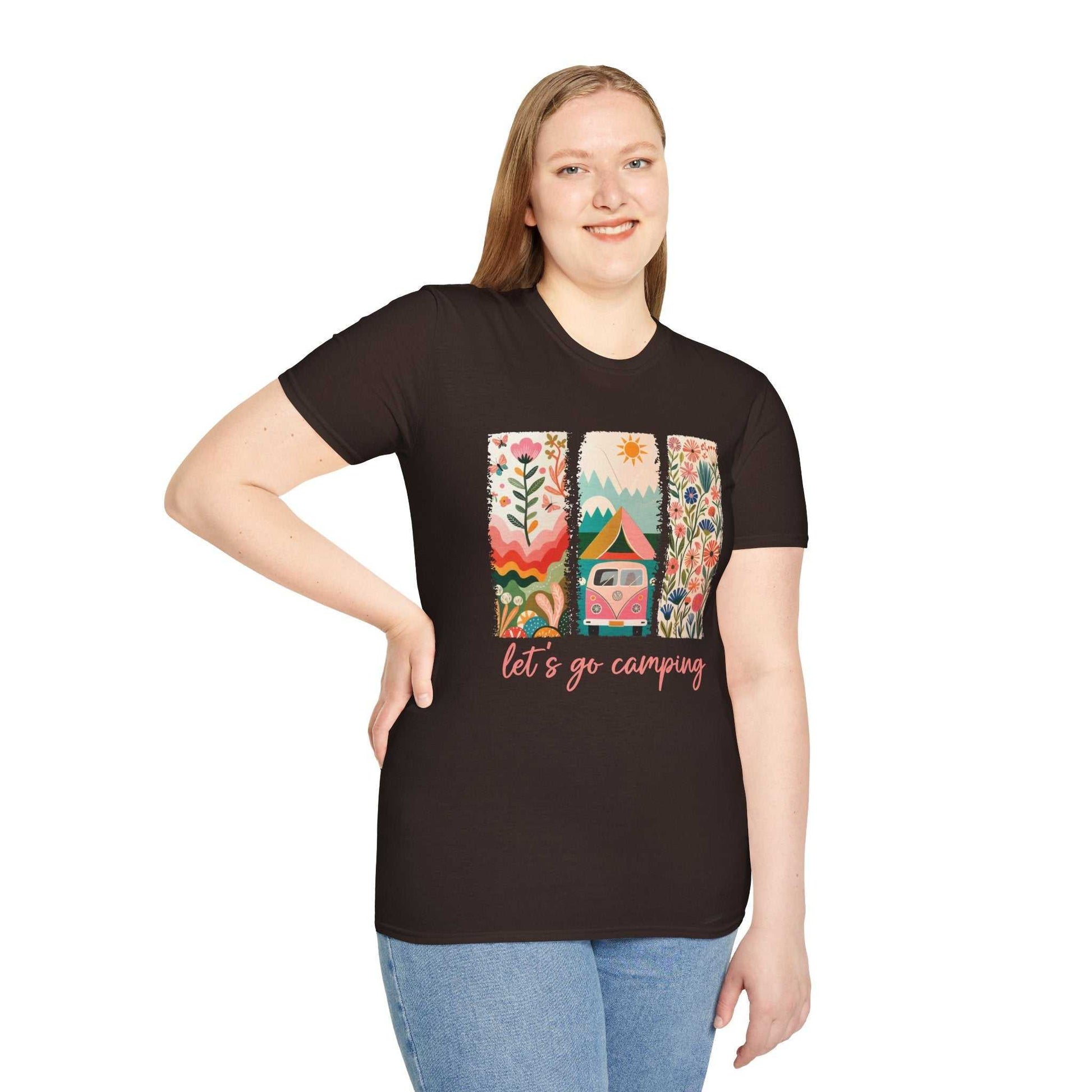 Unisex black softstyle t-shirt with colorful camping adventure graphic and "let's go camping" text, made from lightweight cotton