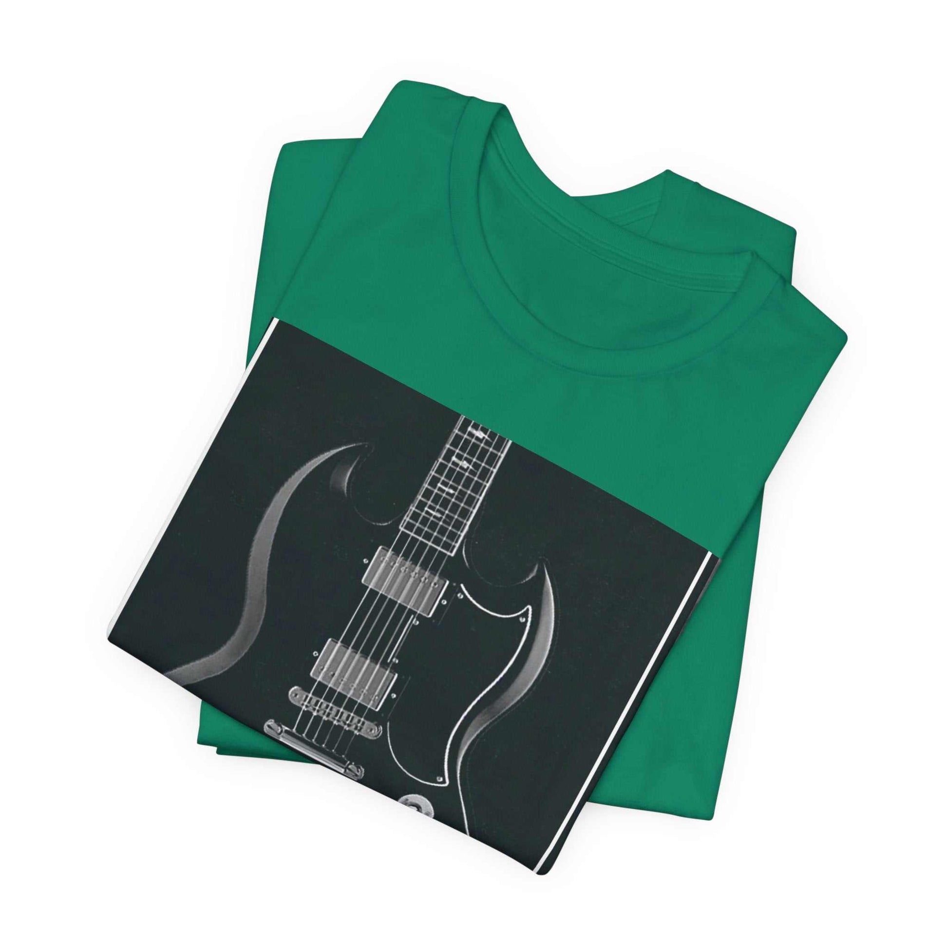 Green folded unisex rock guitar graphic tee made from 100% lightweight cotton with black and white electric guitar print