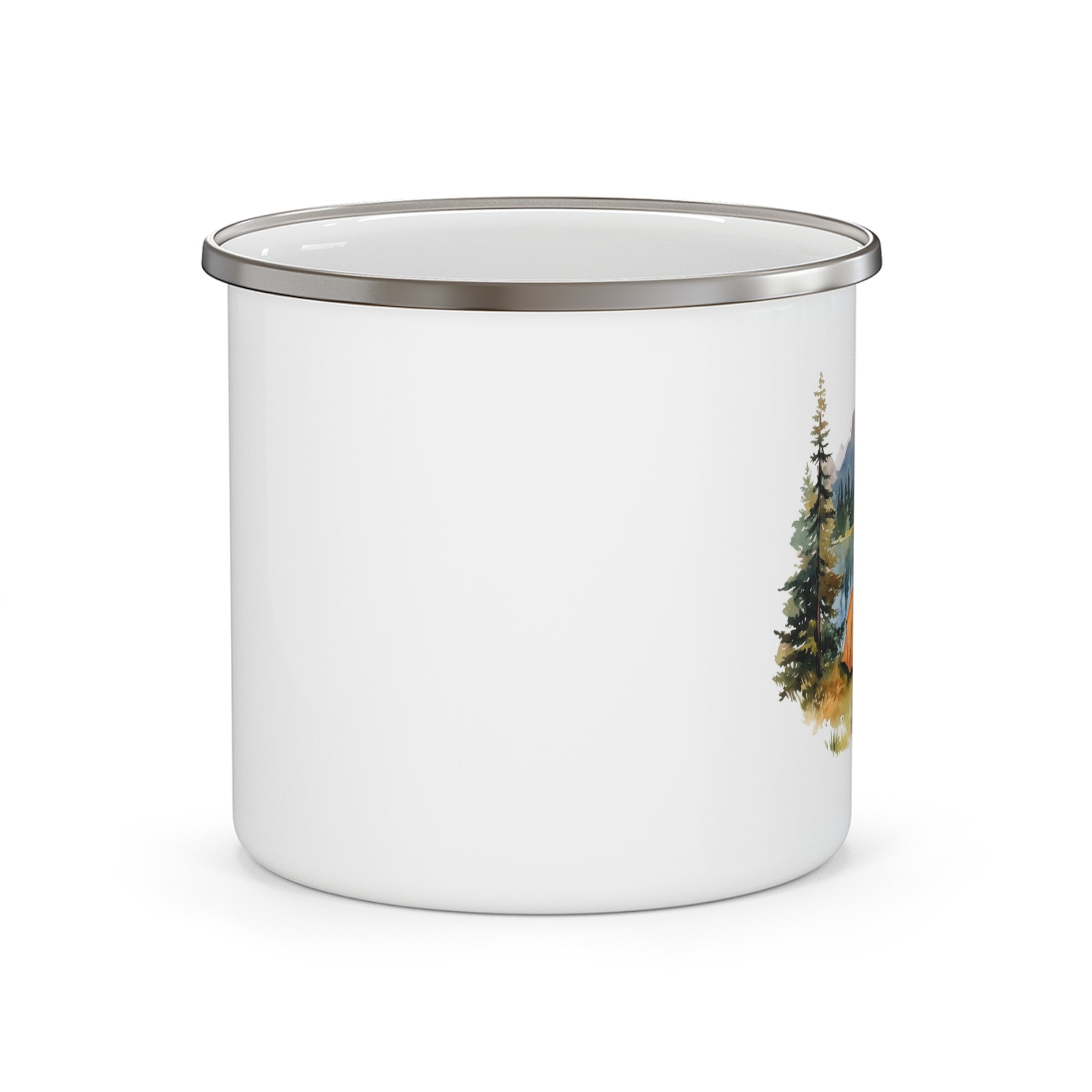 Mountain Lake Camping Enamel Mug with Orange Tent and Campfire