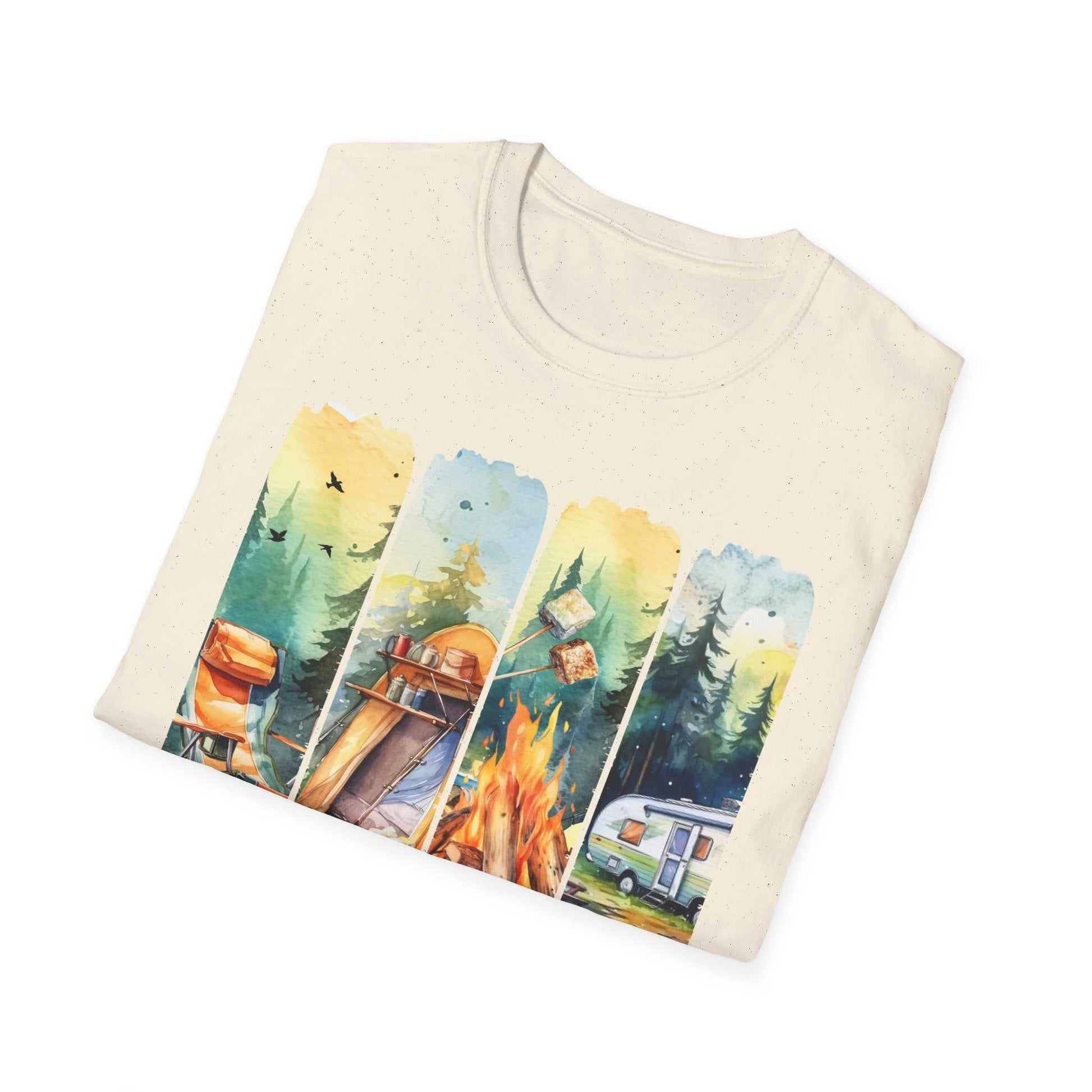 Folded unisex cream t-shirt with colorful camping adventure design featuring tent, campfire, and camper trailer.