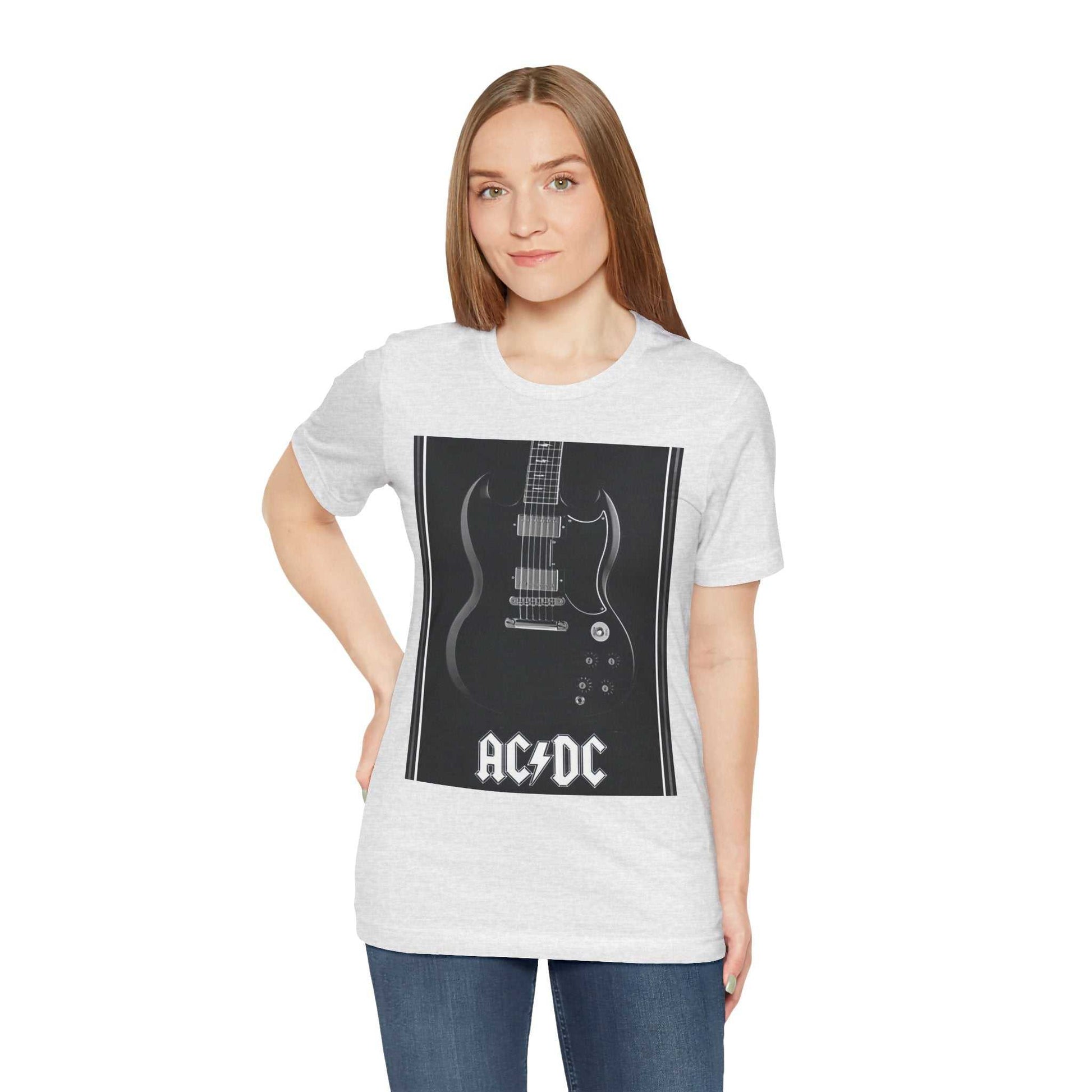 Woman wearing a white rock guitar graphic tee with AC/DC print on front