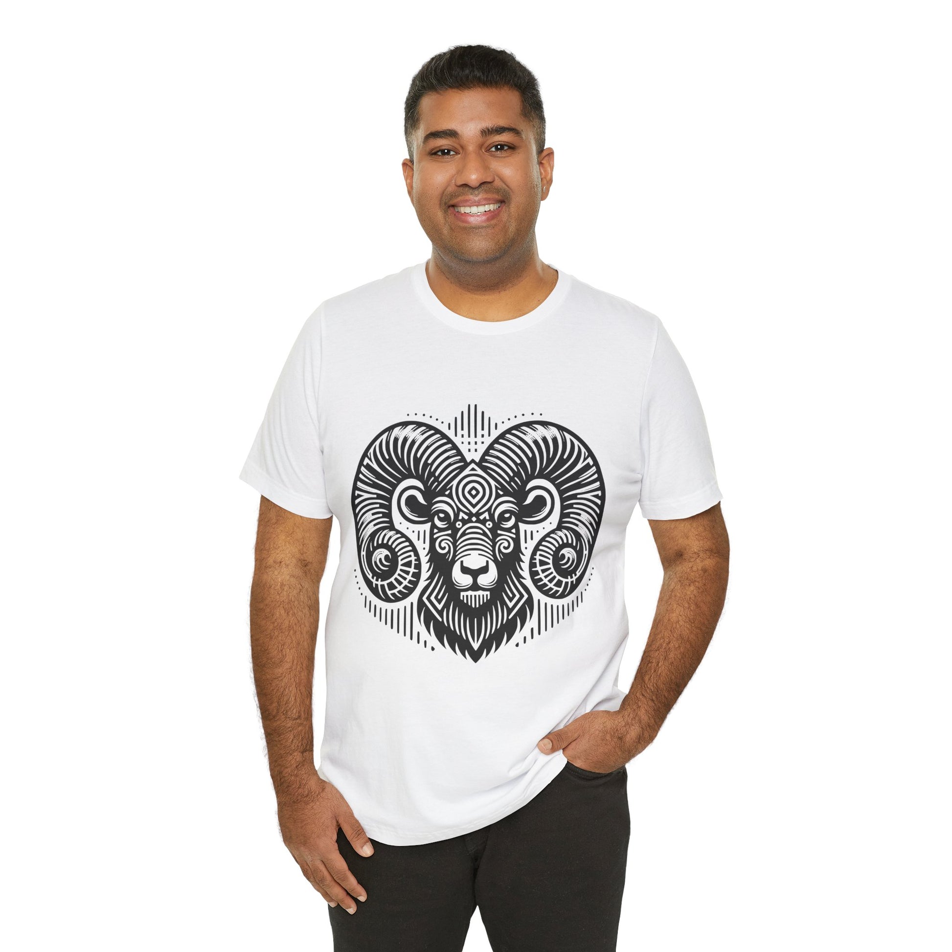 Striking tee with an intricate black tribal ram design, offered in vibrant color options