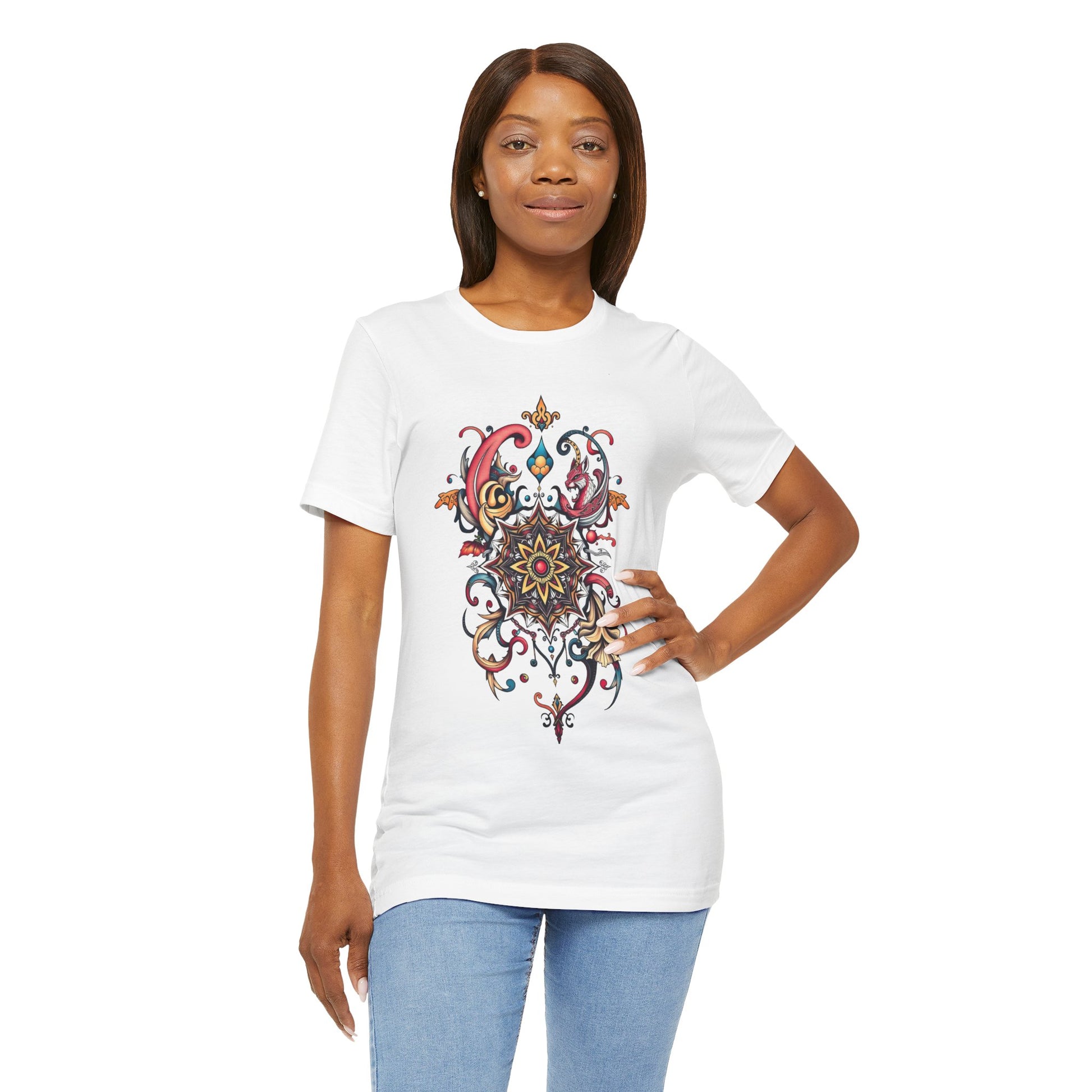 Vibrant tee with swirling mandala in reds, golds, and teal, available in many colors