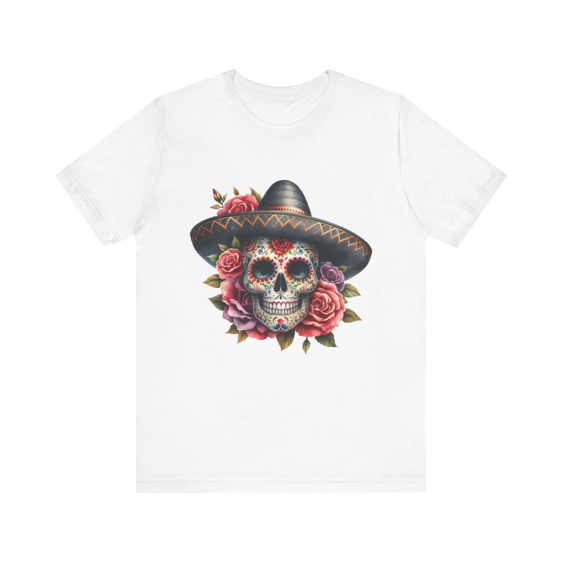 Colorful tee featuring a sugar skull in sombrero and roses for vibrant fiesta vibes
