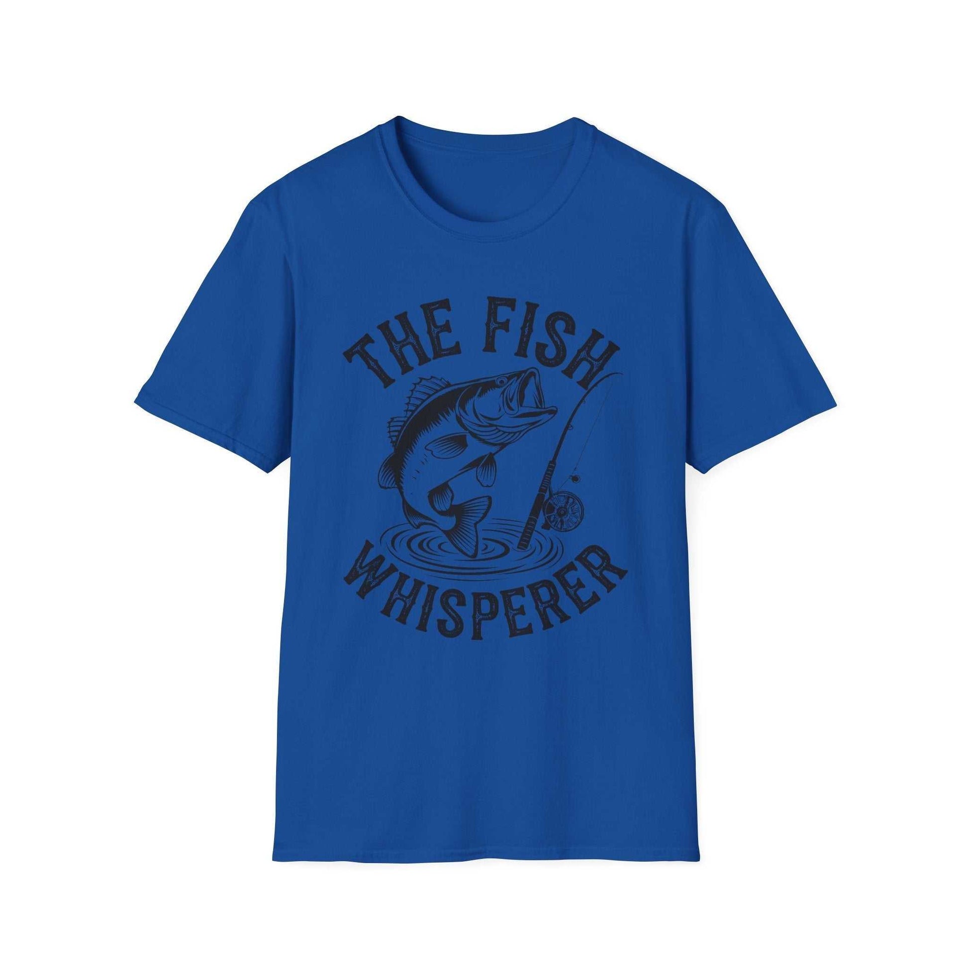 Blue unisex softstyle t-shirt with "The Fish Whisperer" graphic and fishing design