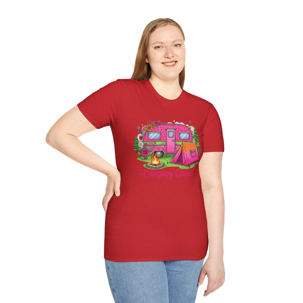 Woman wearing red Camping Queen T-Shirt with colorful camper and tent graphic on front