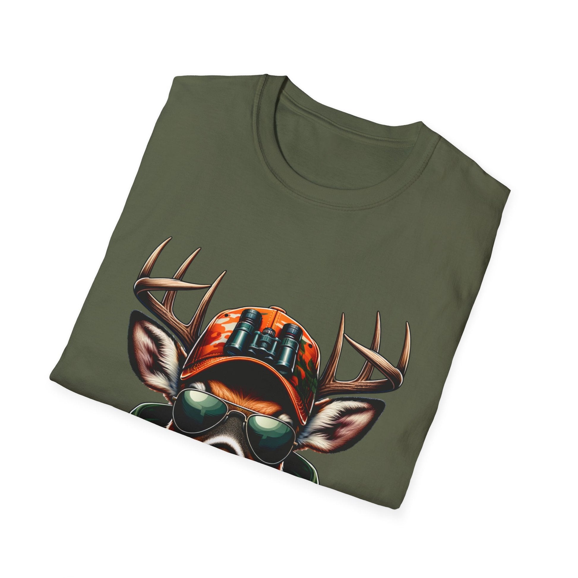 Olive green Hunting Enthusiast T-Shirt featuring a deer wearing a camo hat with binoculars and sunglasses, made from soft 100% ring-spun cotton.