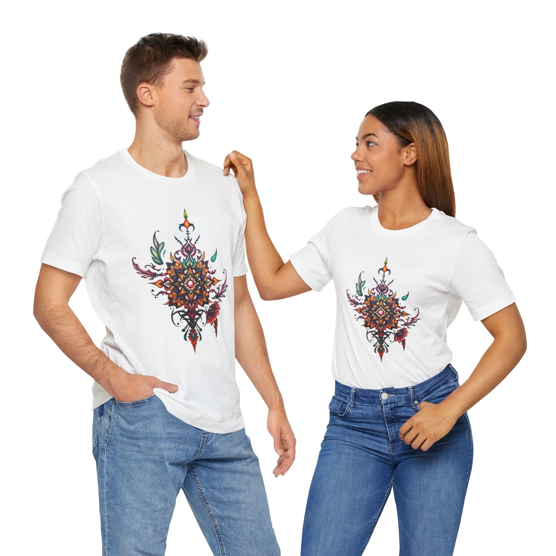 Colorful tee with an ornate mandala and floral design, available in vibrant color options