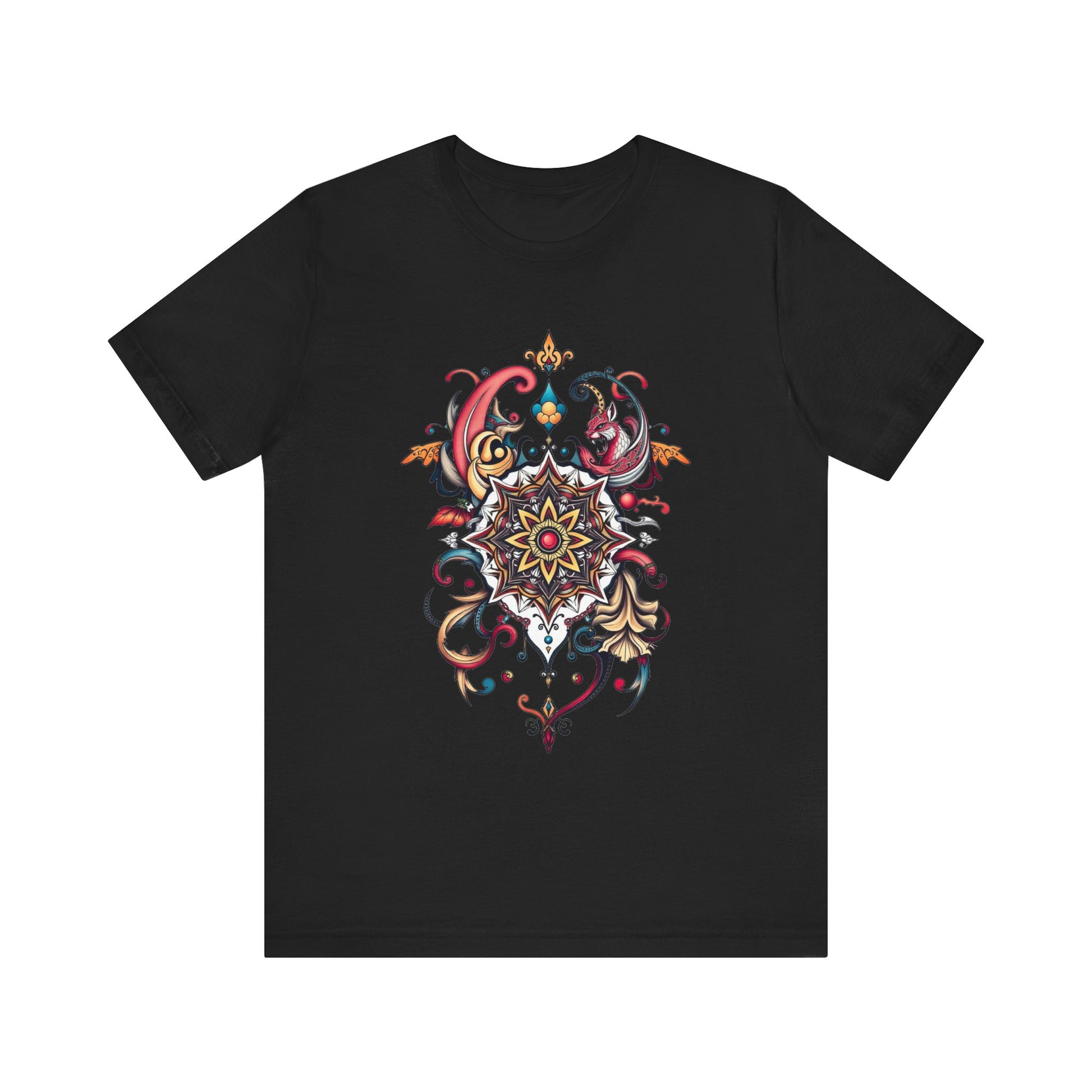 Vibrant tee with swirling mandala in reds, golds, and teal, available in many colors