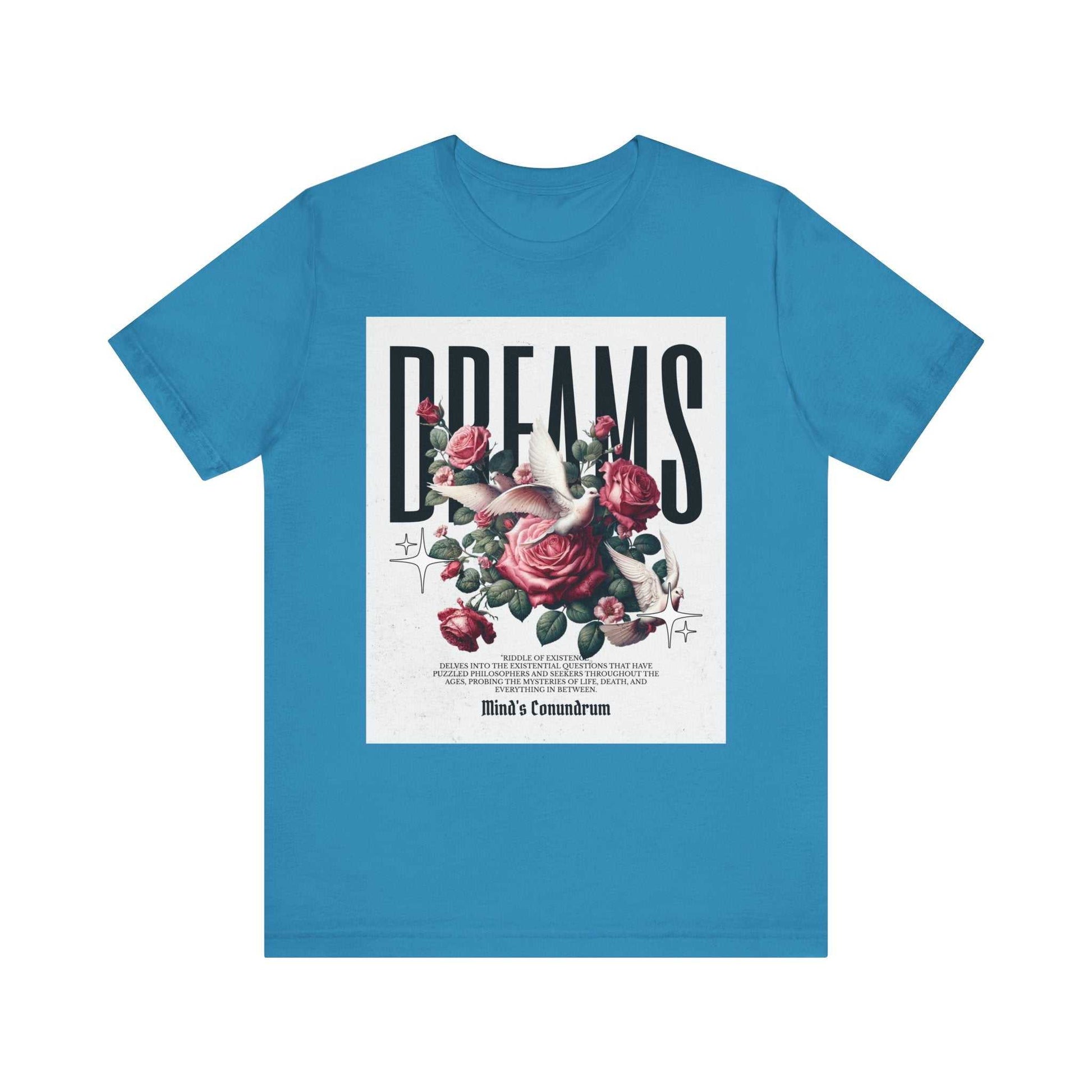 Blue unisex short sleeve Dreams Floral Tee with bold typography and floral graphic design on front