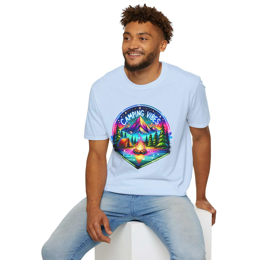 Man wearing light blue Camping Vibes unisex softstyle t-shirt with colorful camping graphic on front