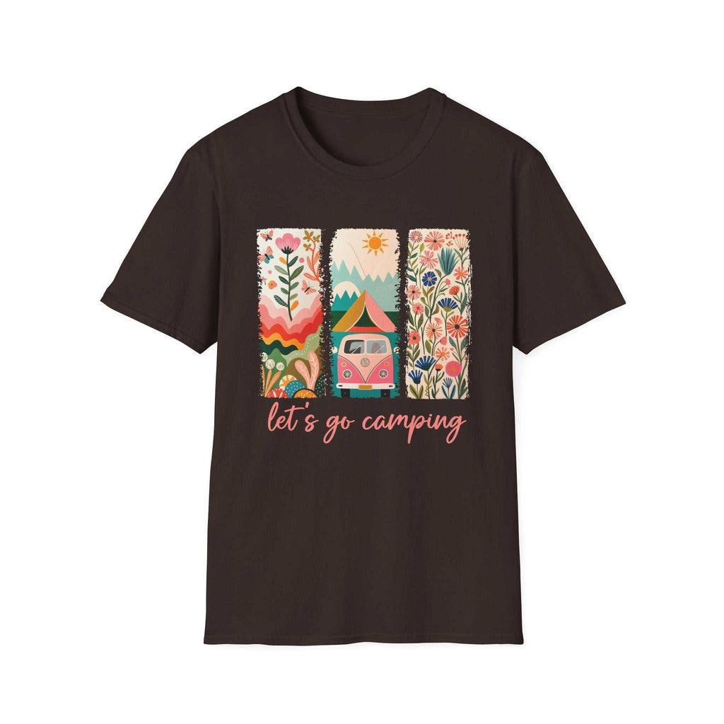 Unisex softstyle t-shirt with colorful camping adventure graphic and "let's go camping" text on dark background