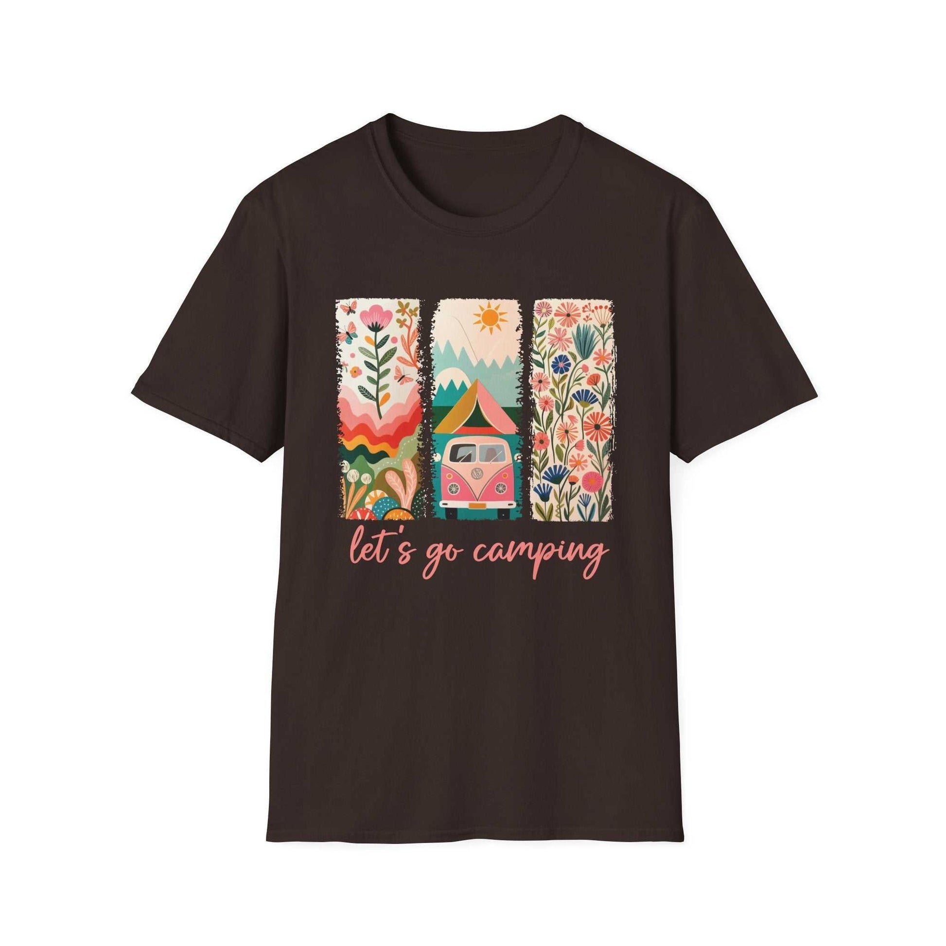 Unisex softstyle t-shirt with colorful camping adventure graphic and "let's go camping" text on dark background