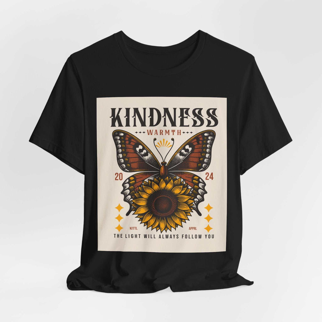 Black Kindness Butterfly Tee with sunflower and butterfly graphic and positive message design