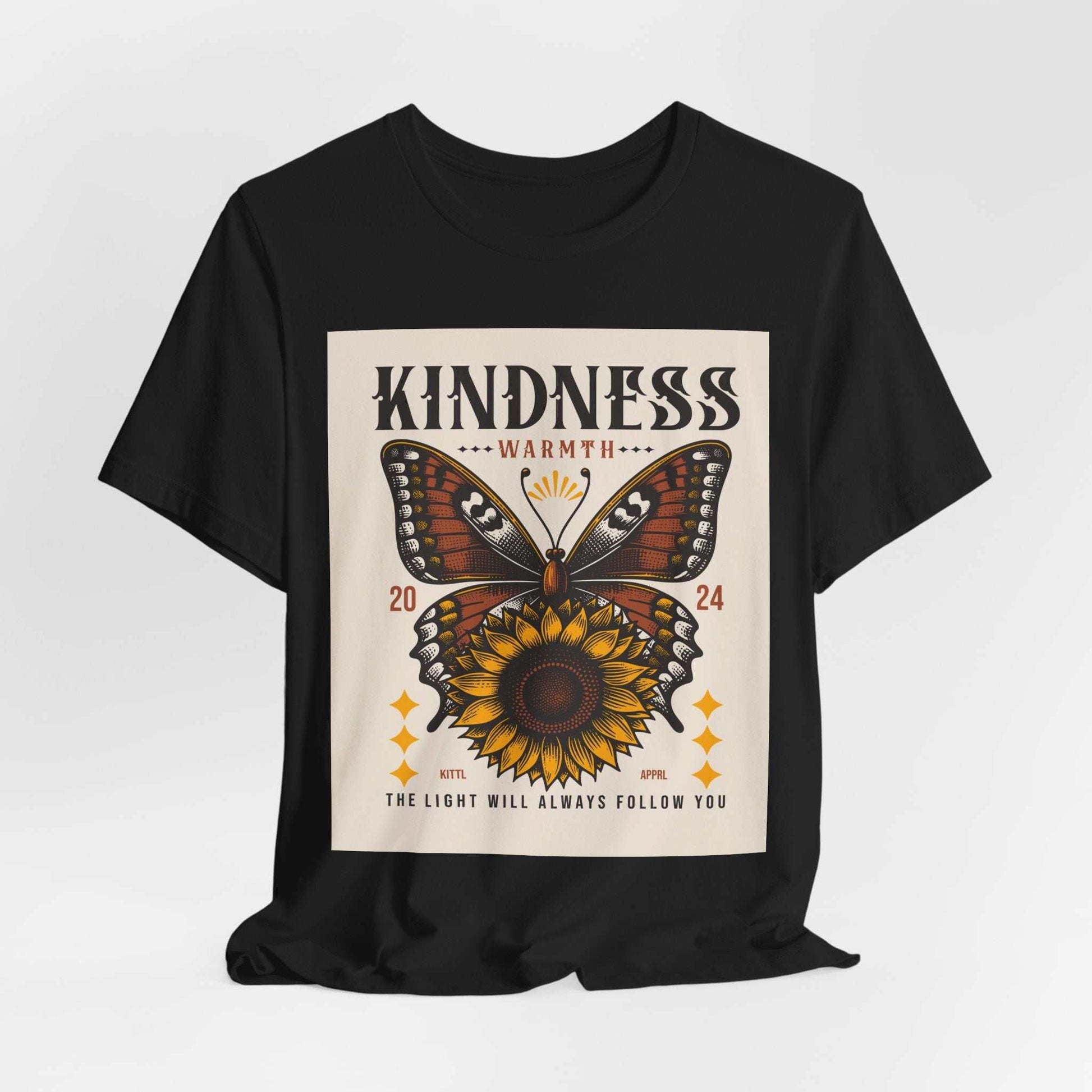 Black Kindness Butterfly Tee with sunflower and butterfly graphic and positive message design