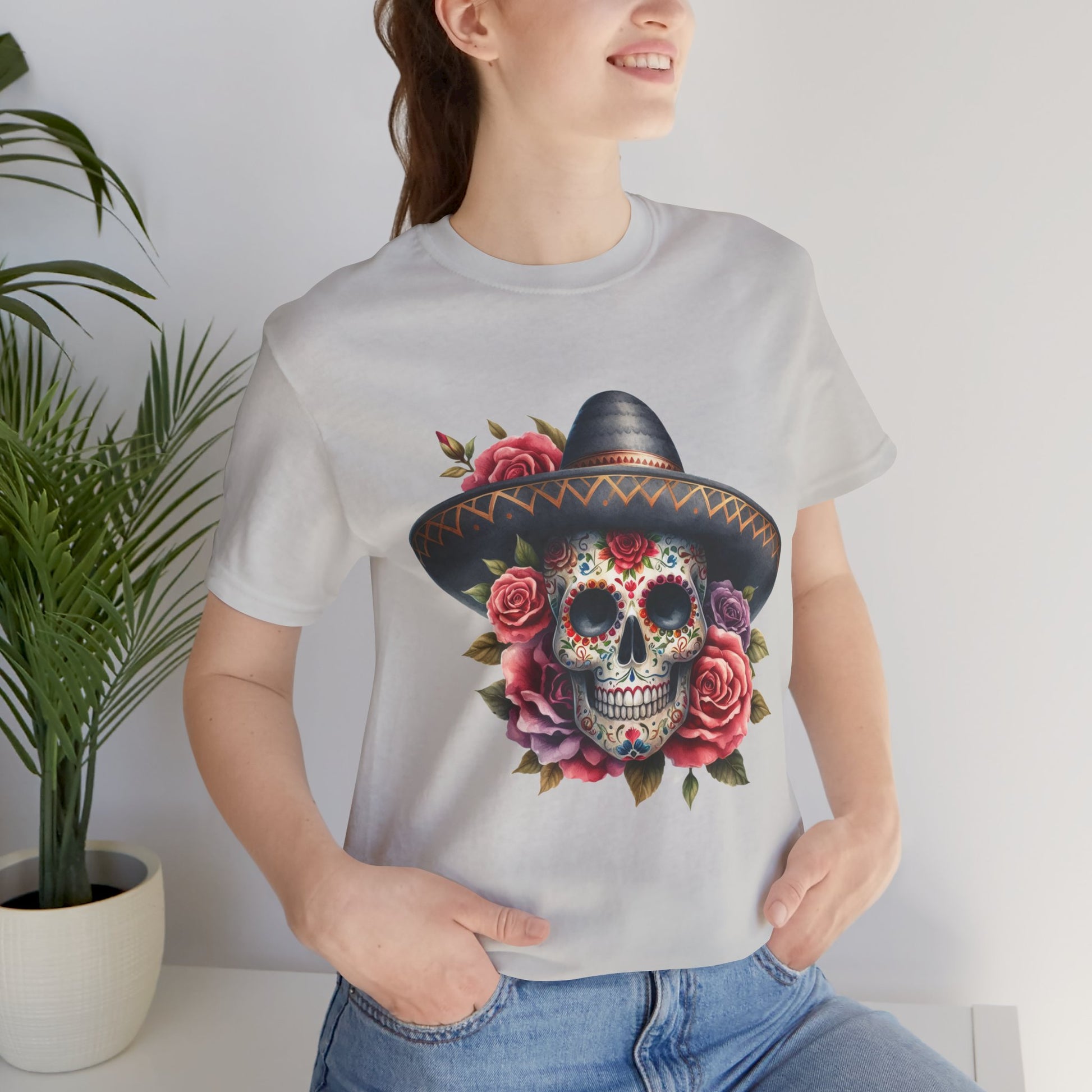 Colorful tee featuring a sugar skull in sombrero and roses for vibrant fiesta vibes