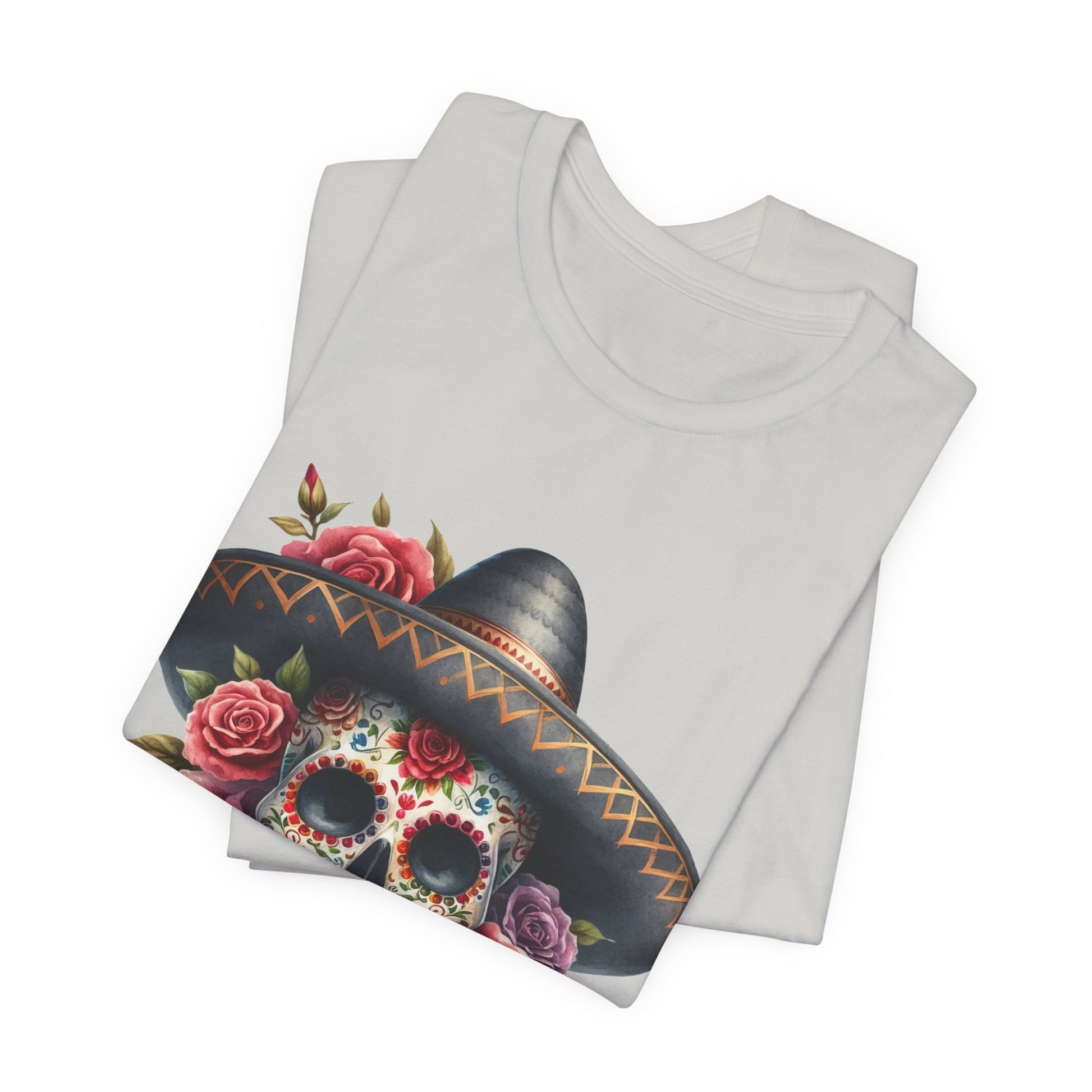Colorful tee featuring a sugar skull in sombrero and roses for vibrant fiesta vibes