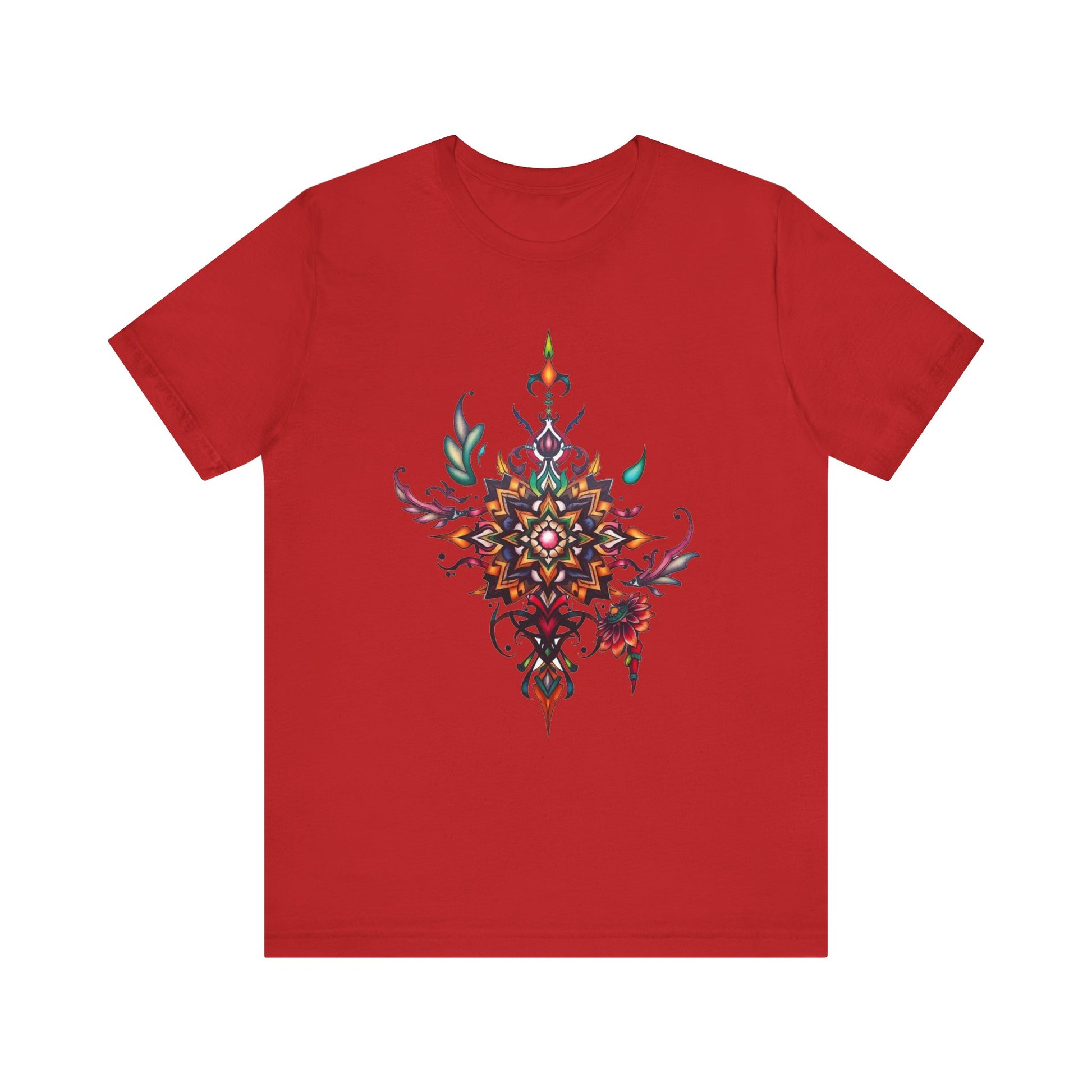 Colorful tee with an ornate mandala and floral design, available in vibrant color options