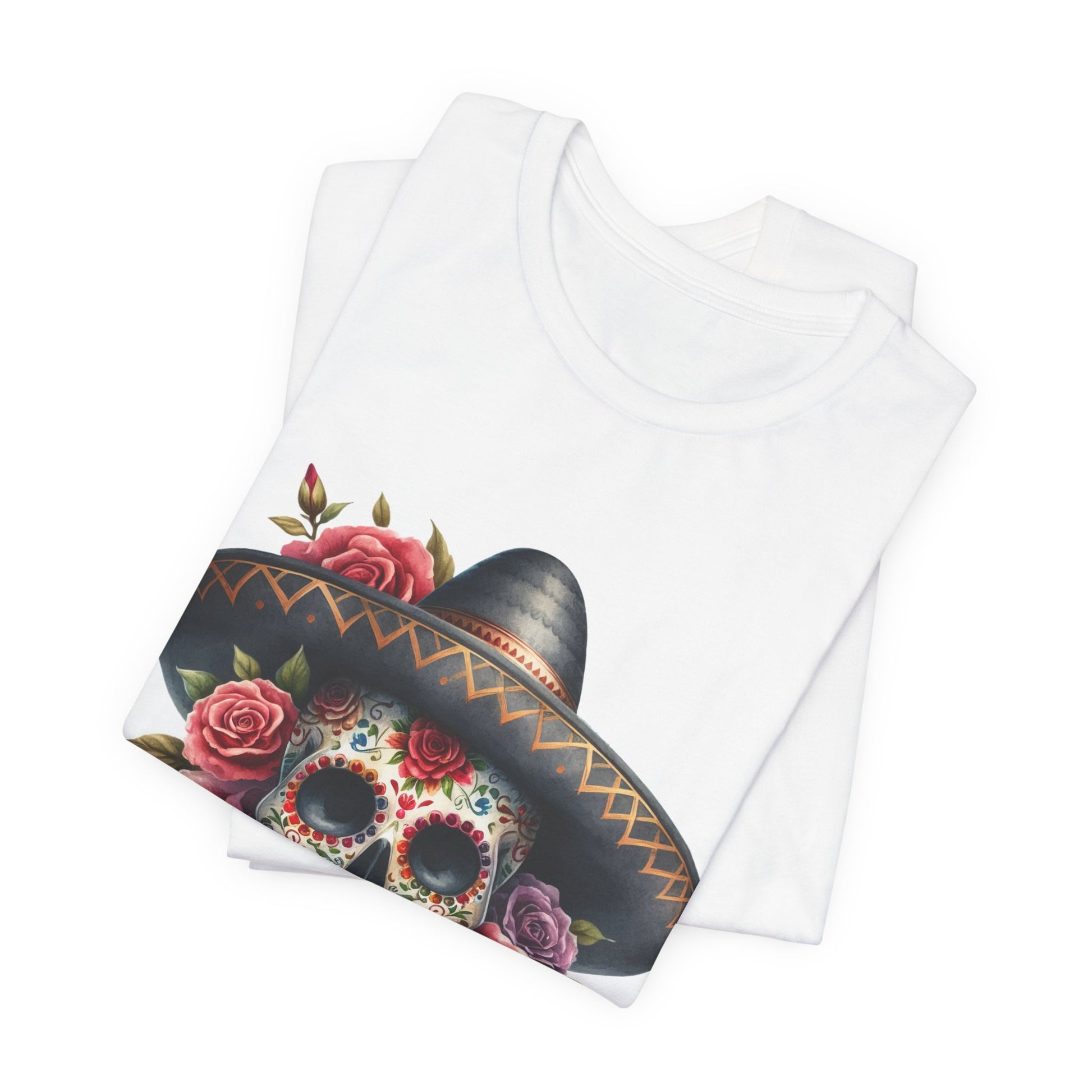 Colorful tee featuring a sugar skull in sombrero and roses for vibrant fiesta vibes