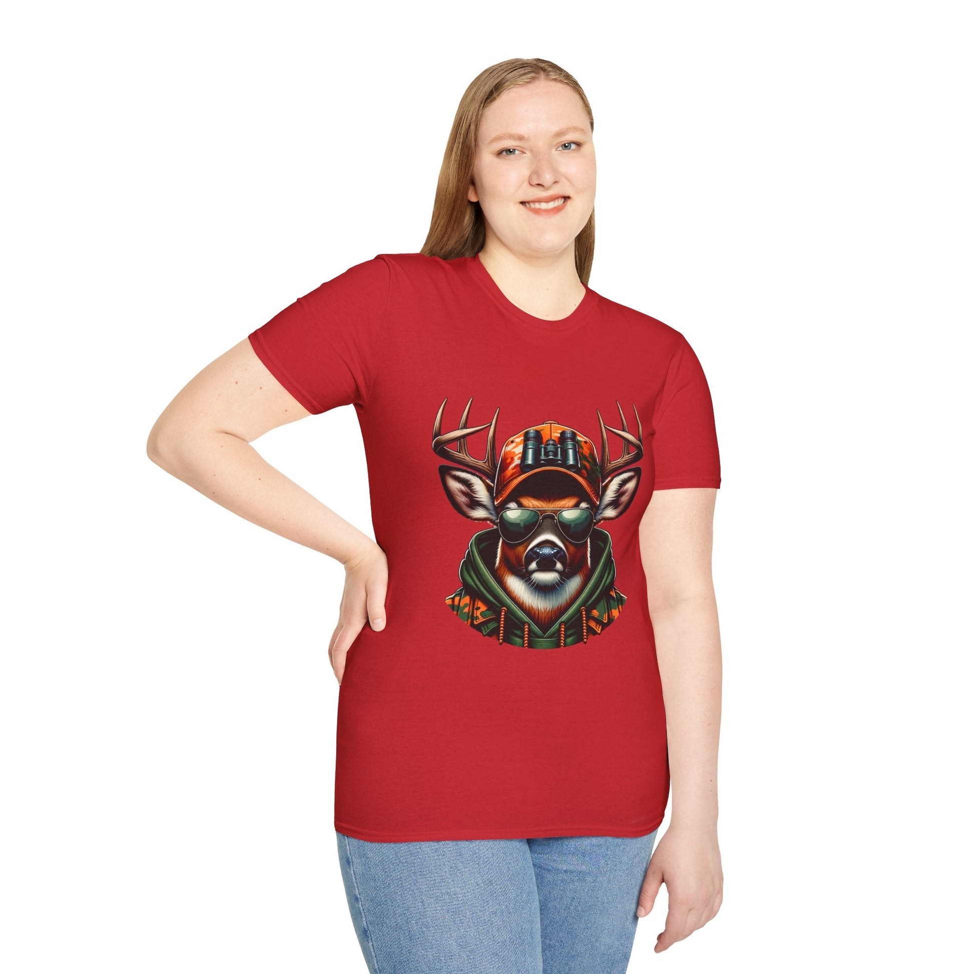 Woman wearing red Hunting Enthusiast T-Shirt with deer graphic and binoculars design