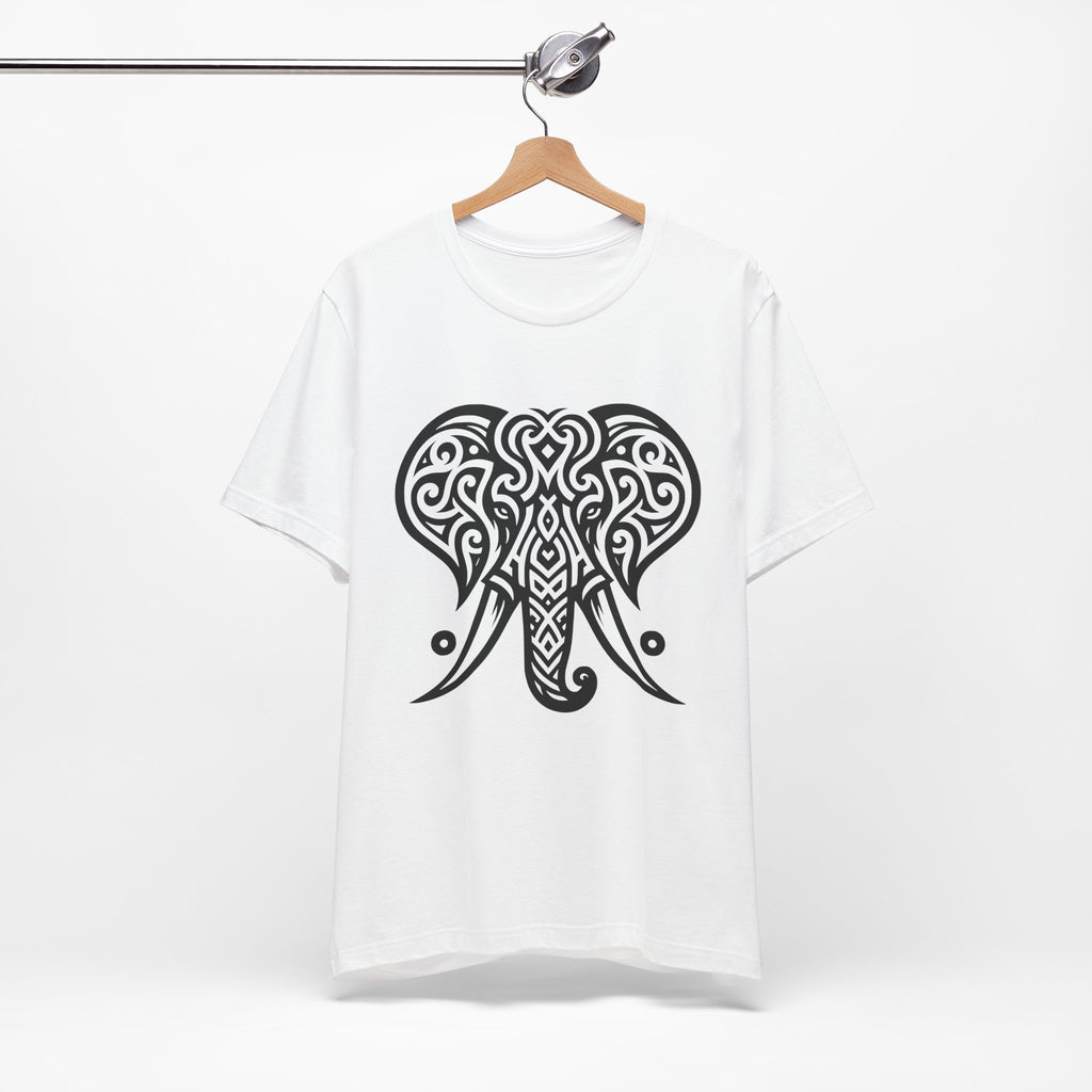 Tribal Elephant T-Shirt – Bold Black Tattoo Art on White Tee