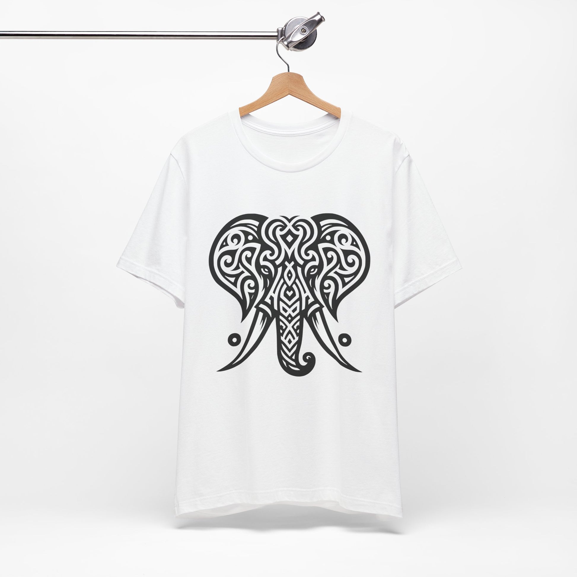 Tribal Elephant T-Shirt – Bold Black Tattoo Art on White Tee