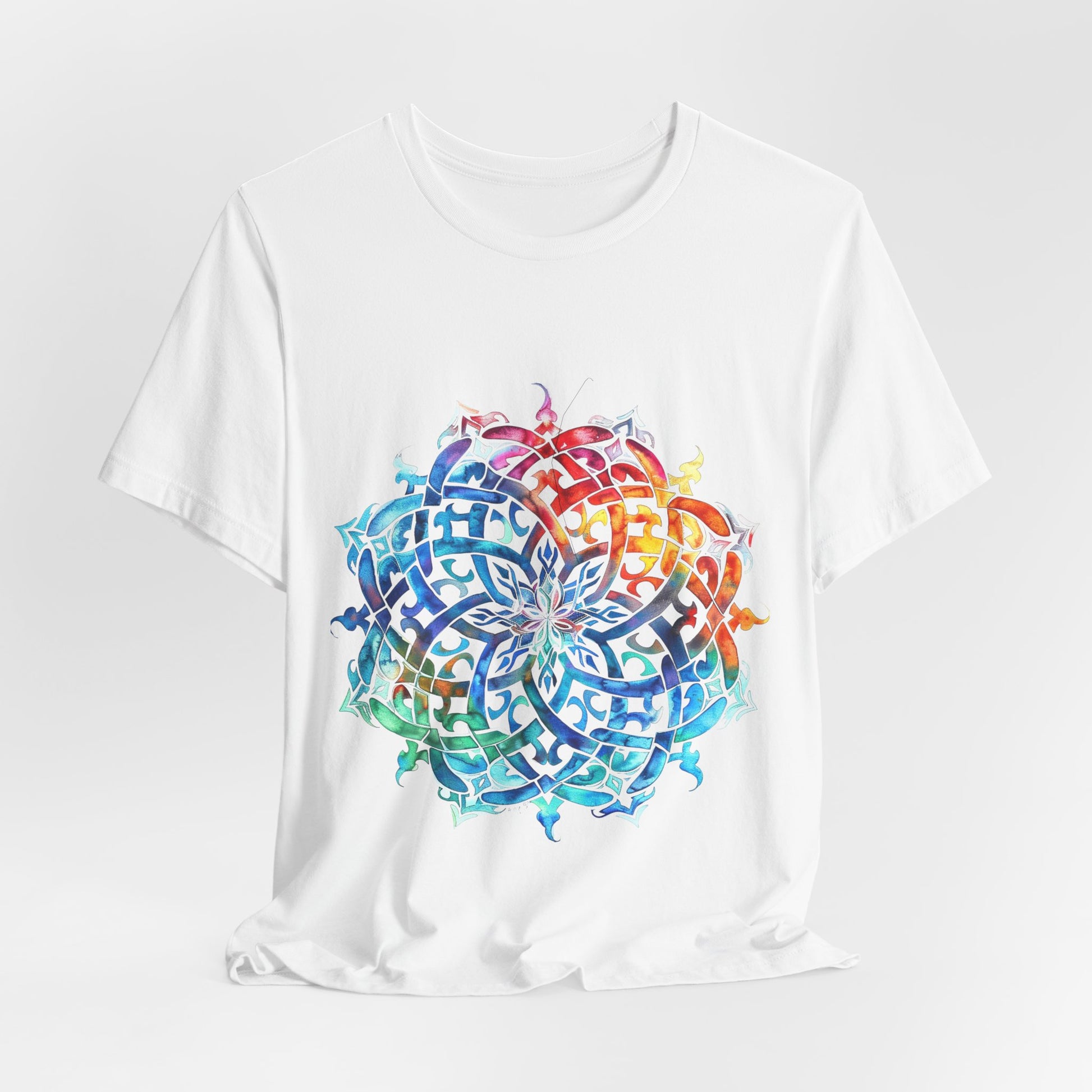 Artistic tee with a radiant rainbow mandala design, available in vibrant color options