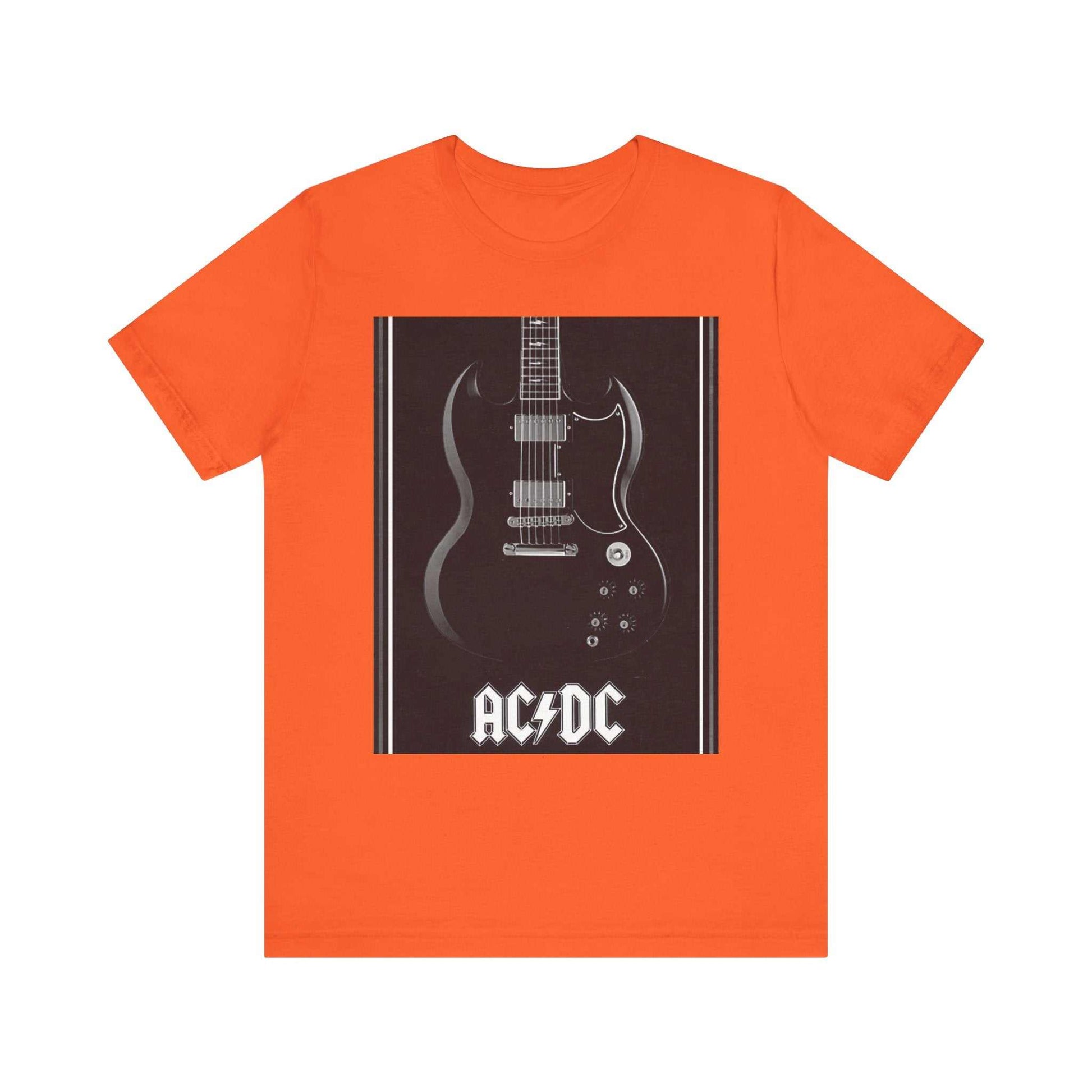 Orange Rock Guitar Graphic Tee with AC/DC design on front, unisex short sleeve cotton shirt