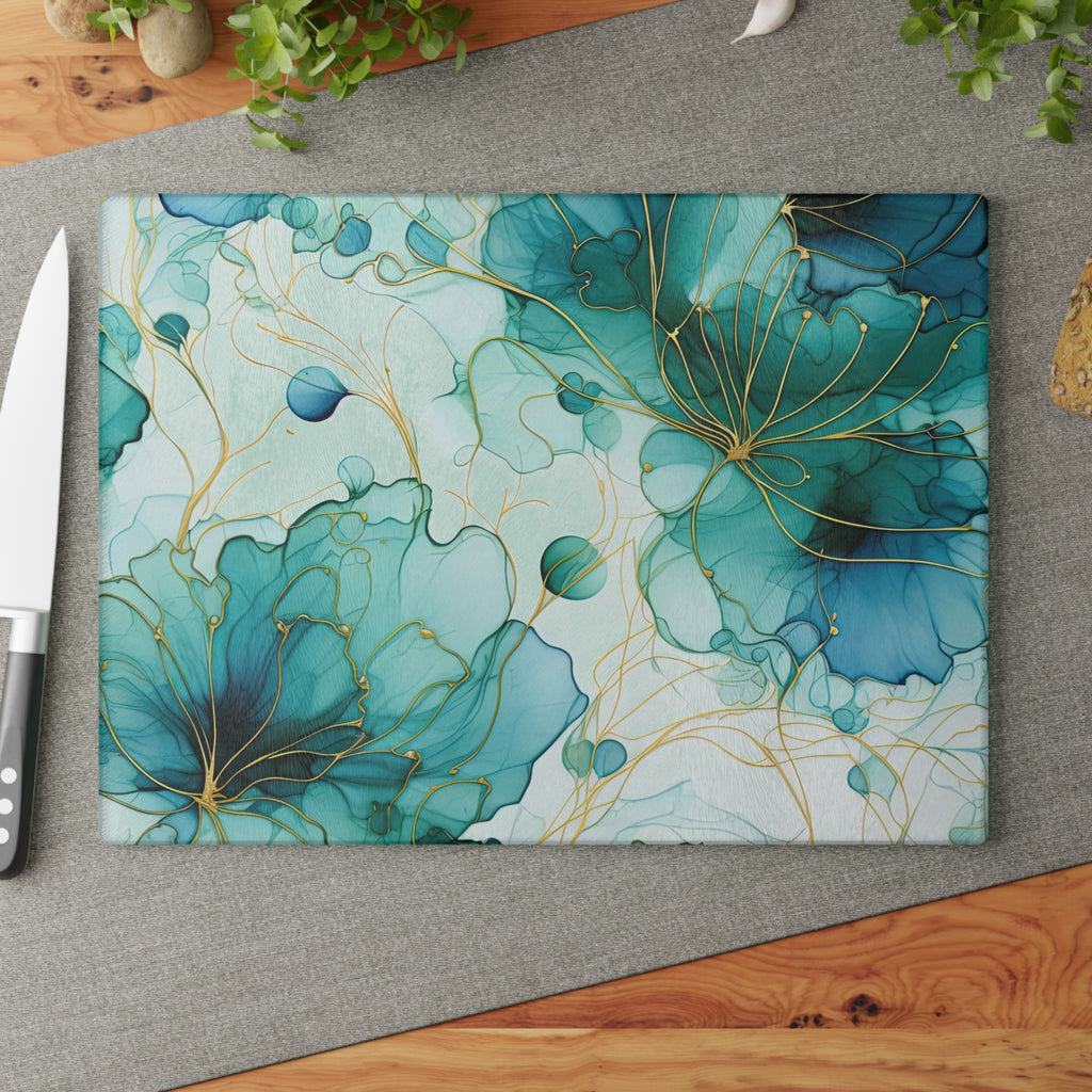Teal Floral Glass Cutting Board – Elegant Gold Line Art Kitchen Decor