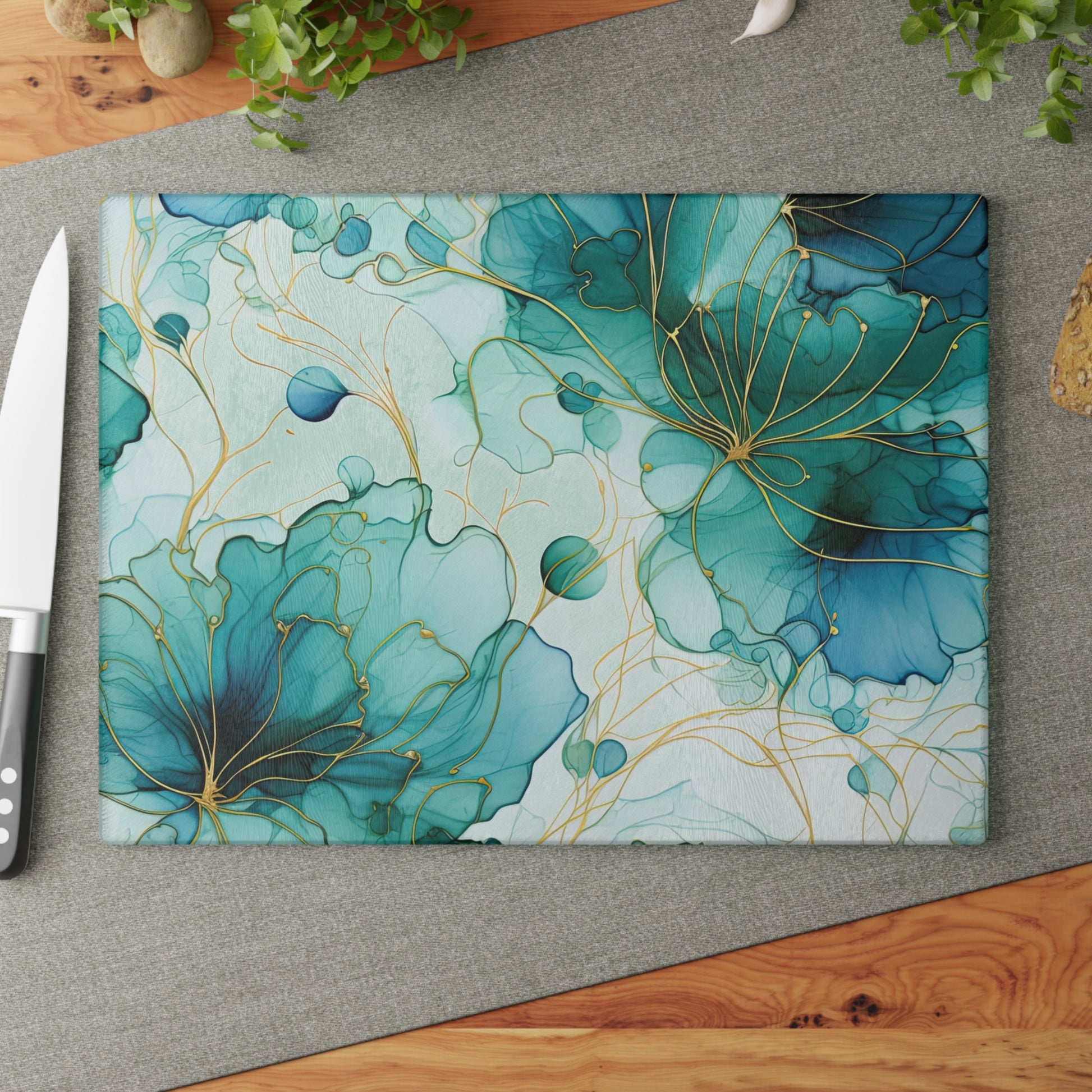 Teal Floral Glass Cutting Board – Elegant Gold Line Art Kitchen Decor
