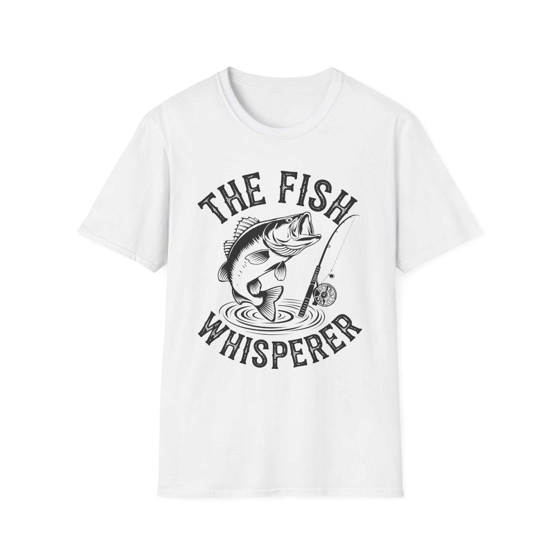 The Fish Whisperer white unisex t-shirt with fishing graphic and text design