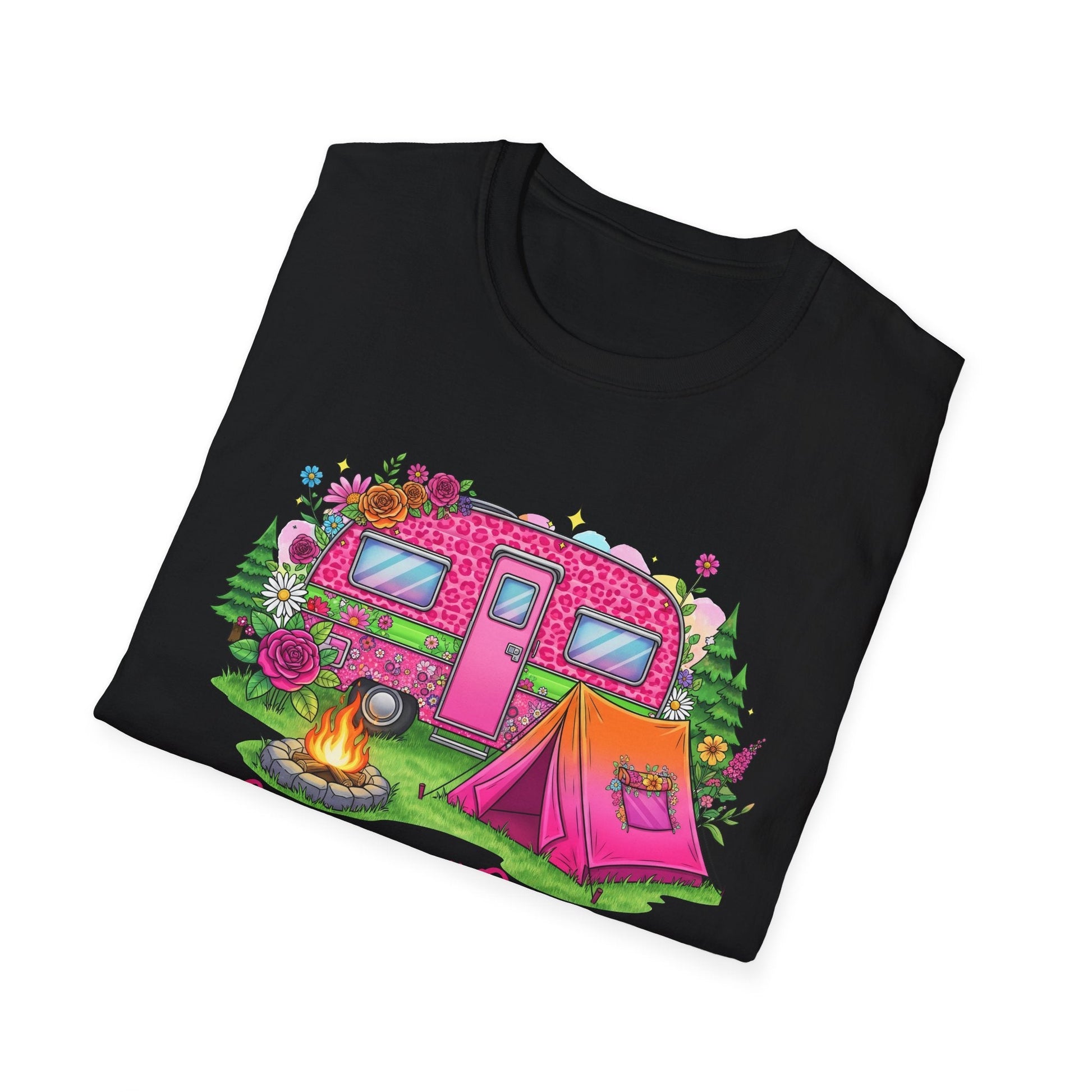 Black Camping Queen T-Shirt with colorful camper, pink tent, campfire, and floral design.