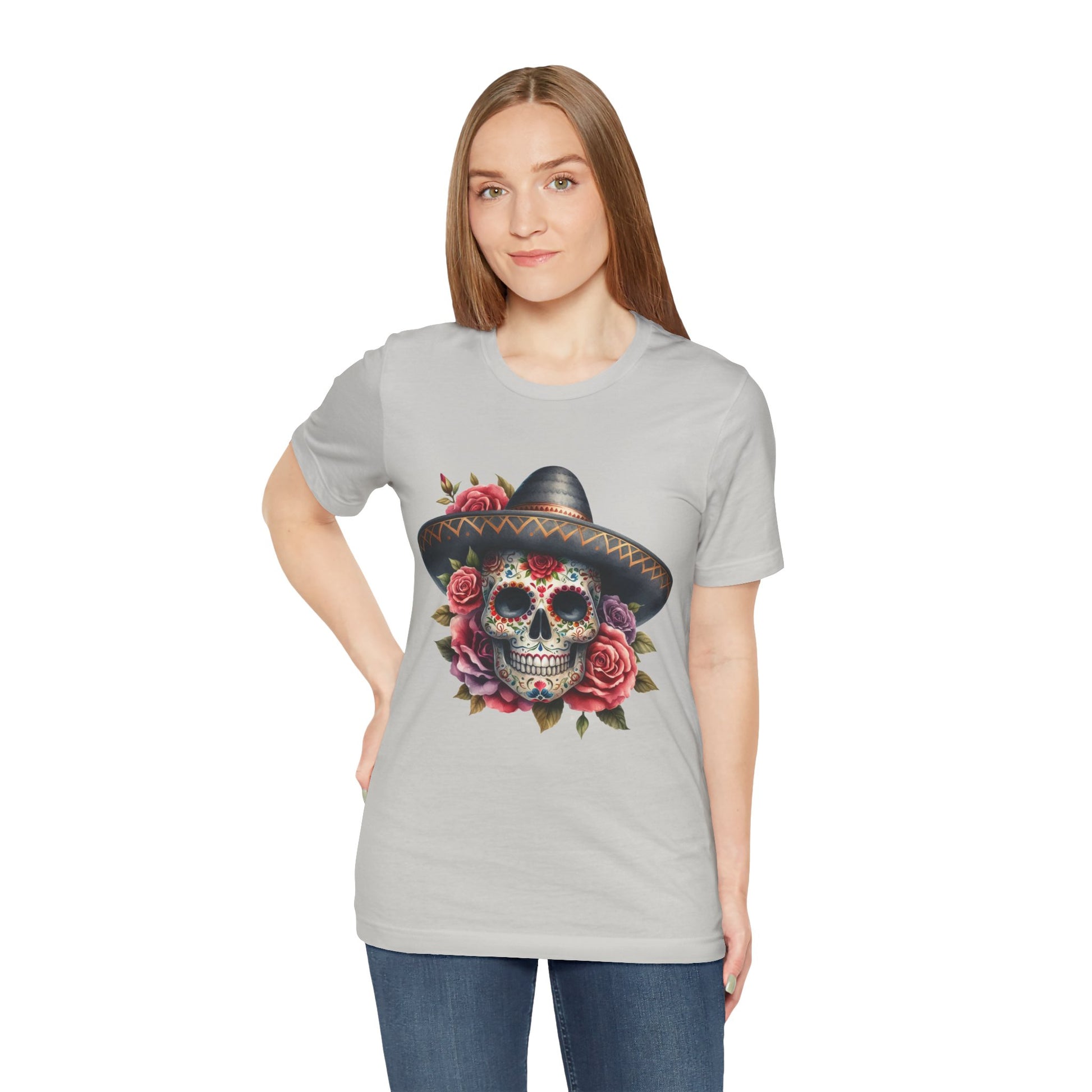 Colorful tee featuring a sugar skull in sombrero and roses for vibrant fiesta vibes