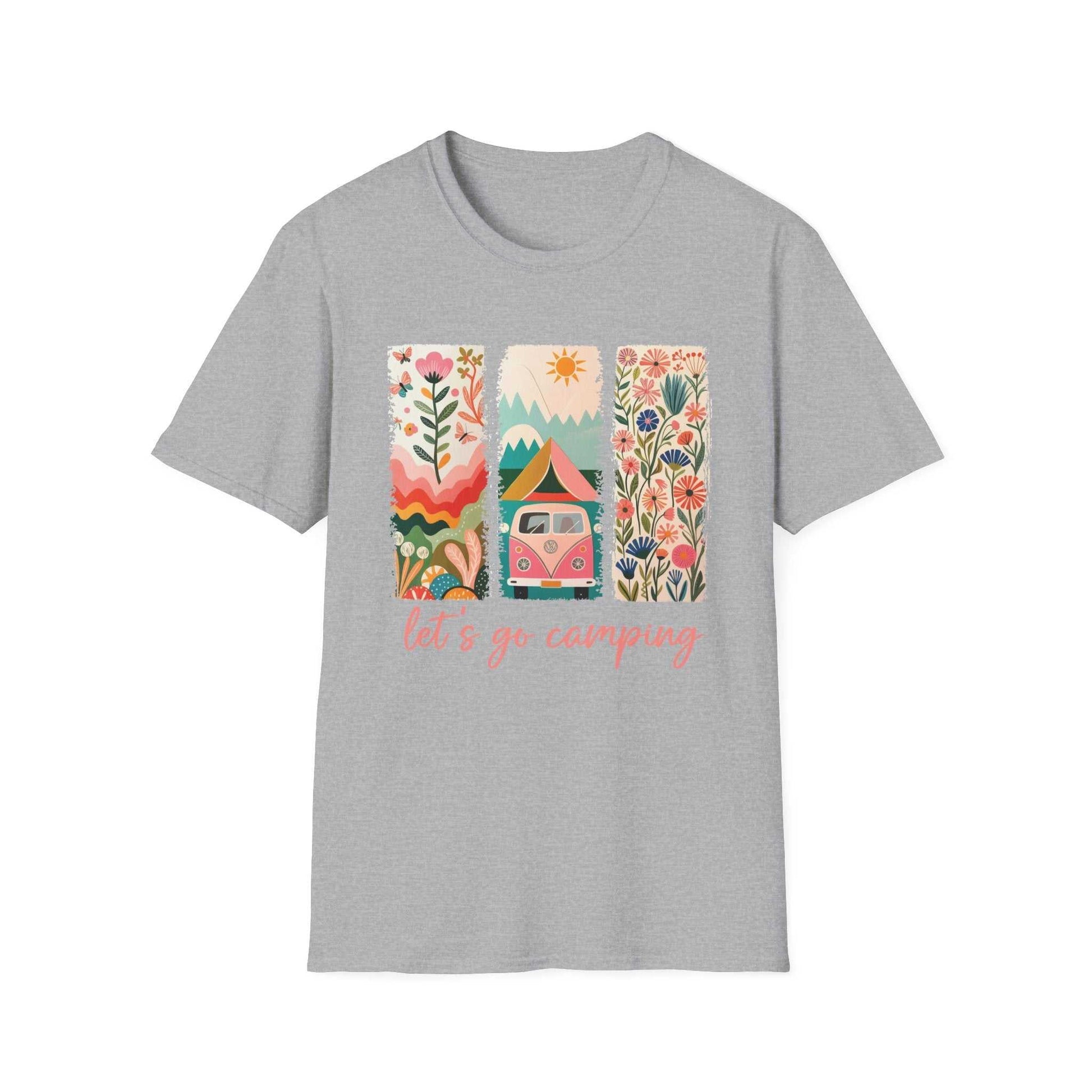 Gray unisex softstyle t-shirt with colorful camping adventure design featuring flowers, a camper, and mountains, with "let's go camping" text
