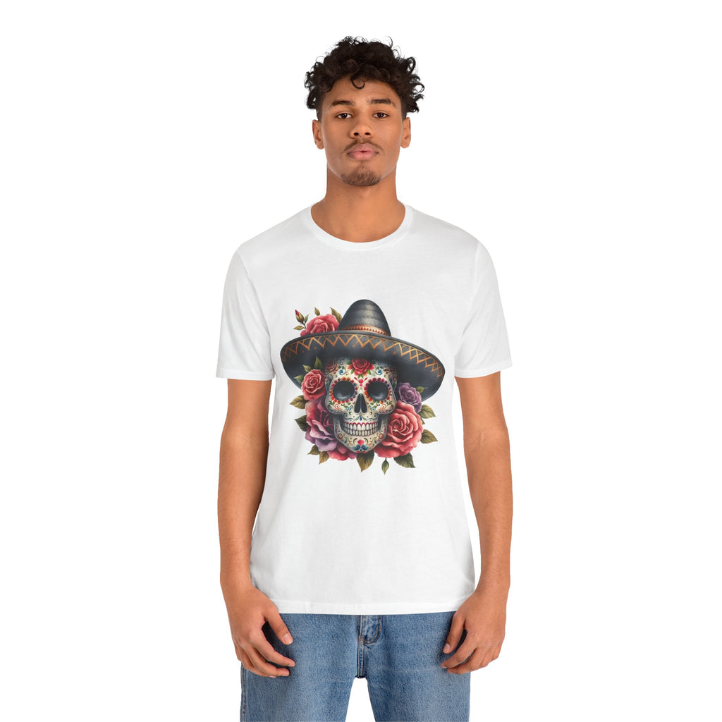 Colorful tee featuring a sugar skull in sombrero and roses for vibrant fiesta vibes