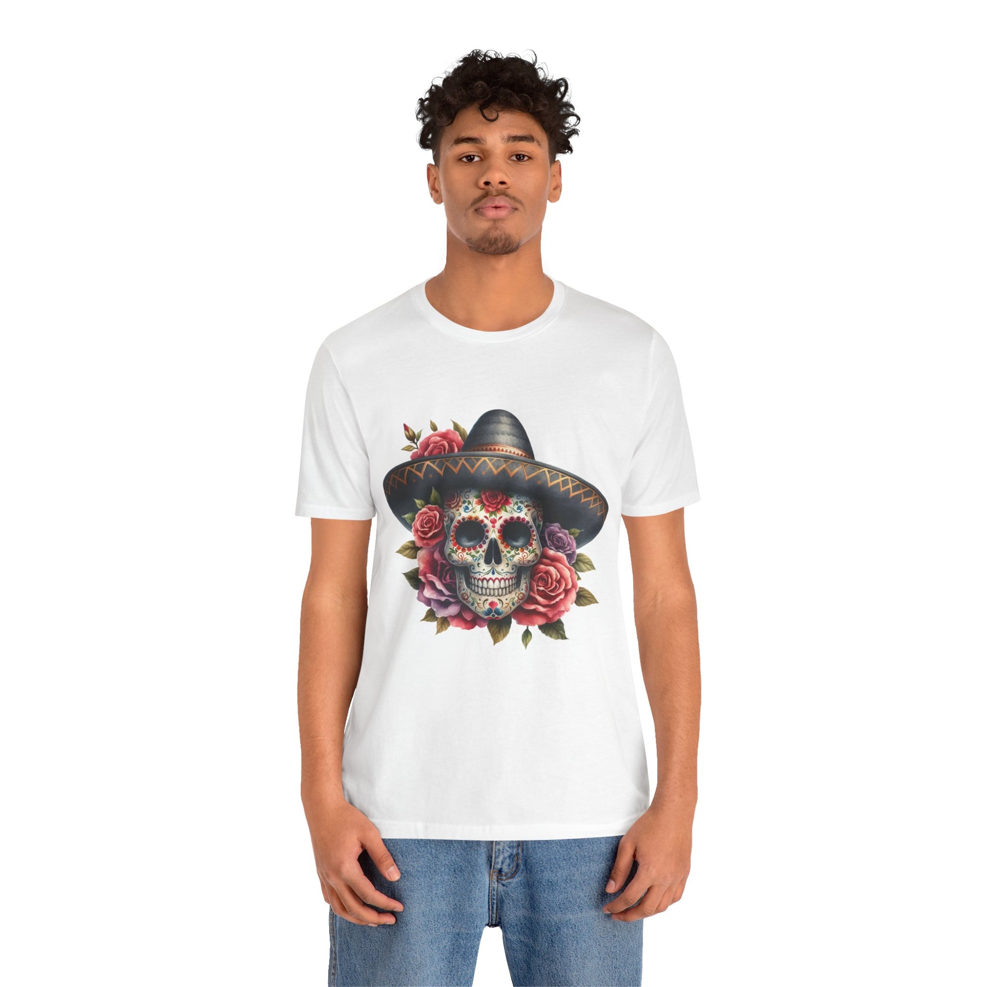 Colorful tee featuring a sugar skull in sombrero and roses for vibrant fiesta vibes