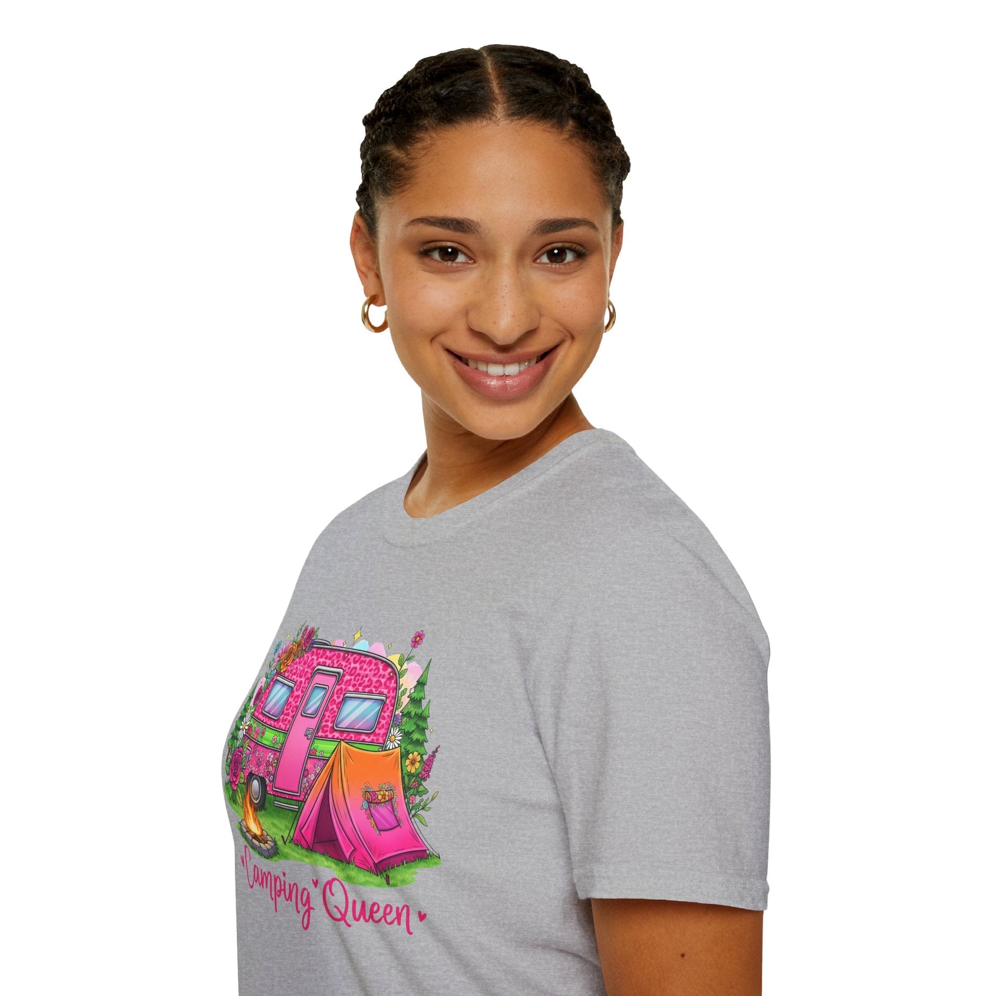 Woman wearing gray Camping Queen T-Shirt with colorful camper and tent design on front