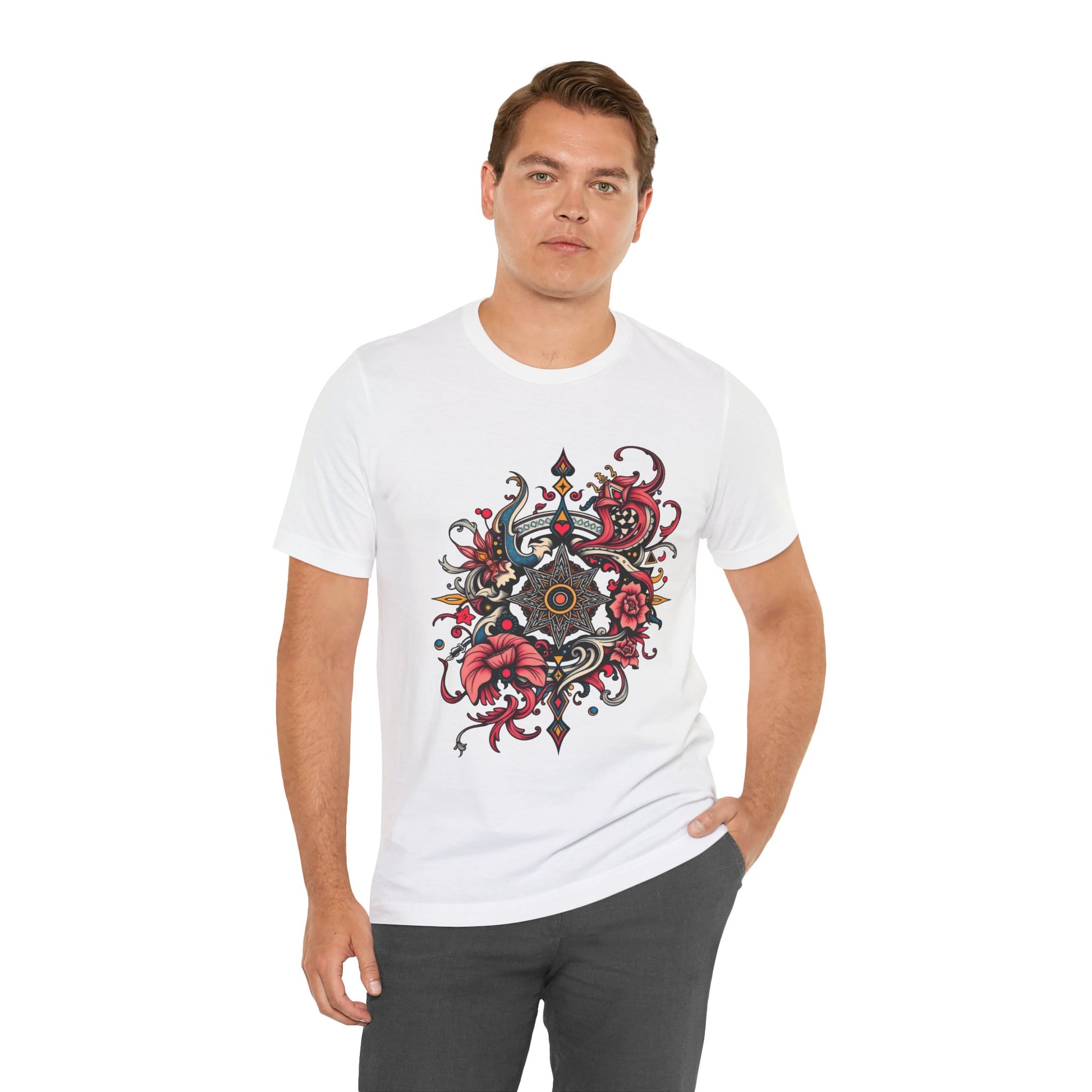 Vibrant tee with ornate red floral mandala design, offered in multiple bold color options