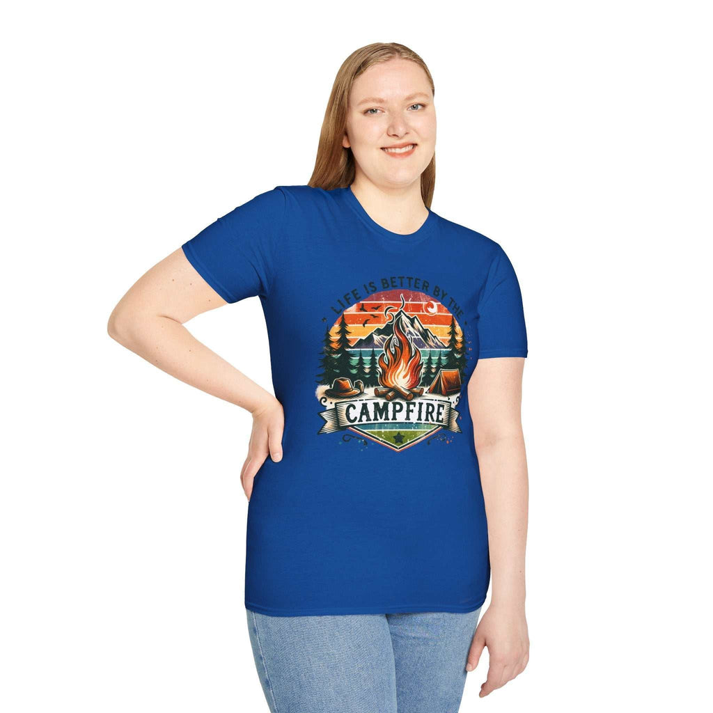 Unisex blue camping adventure t-shirt with "Life is Better by the Campfire" graphic and campfire design