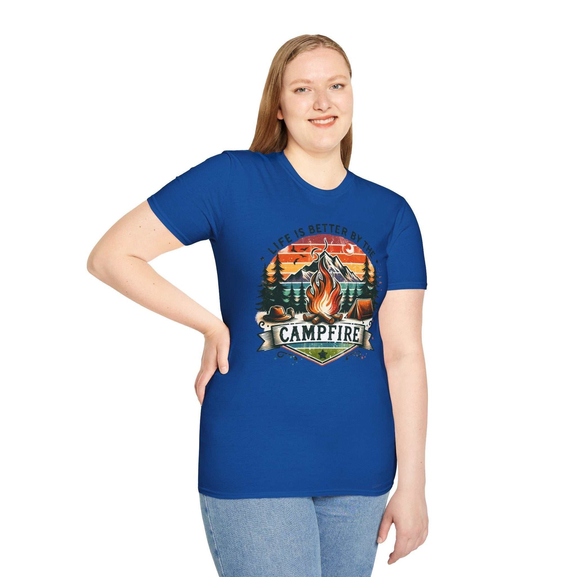 Unisex blue camping adventure t-shirt with "Life is Better by the Campfire" graphic and campfire design