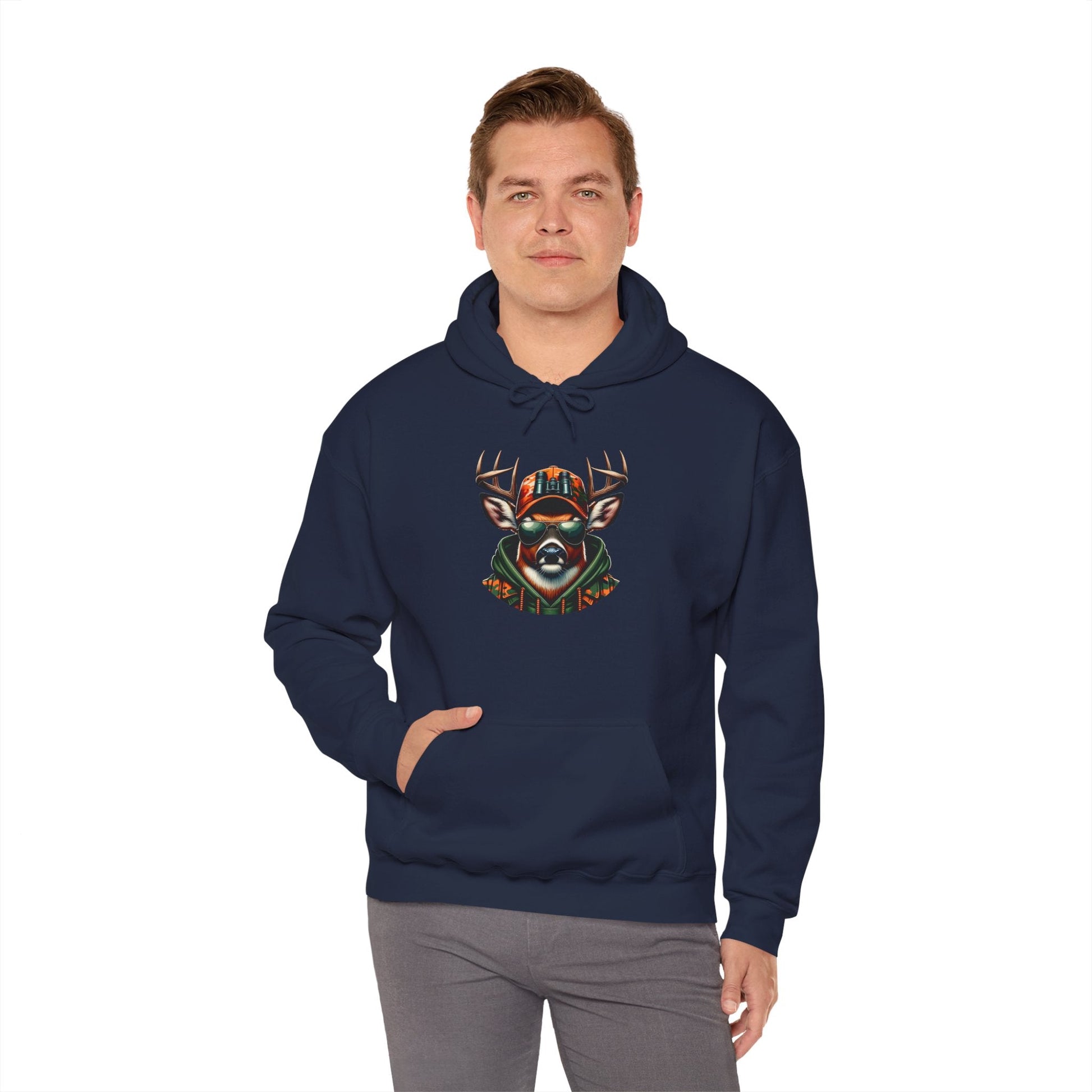 Man wearing navy hooded sweatshirt with bold colorful deer design and kangaroo pocket