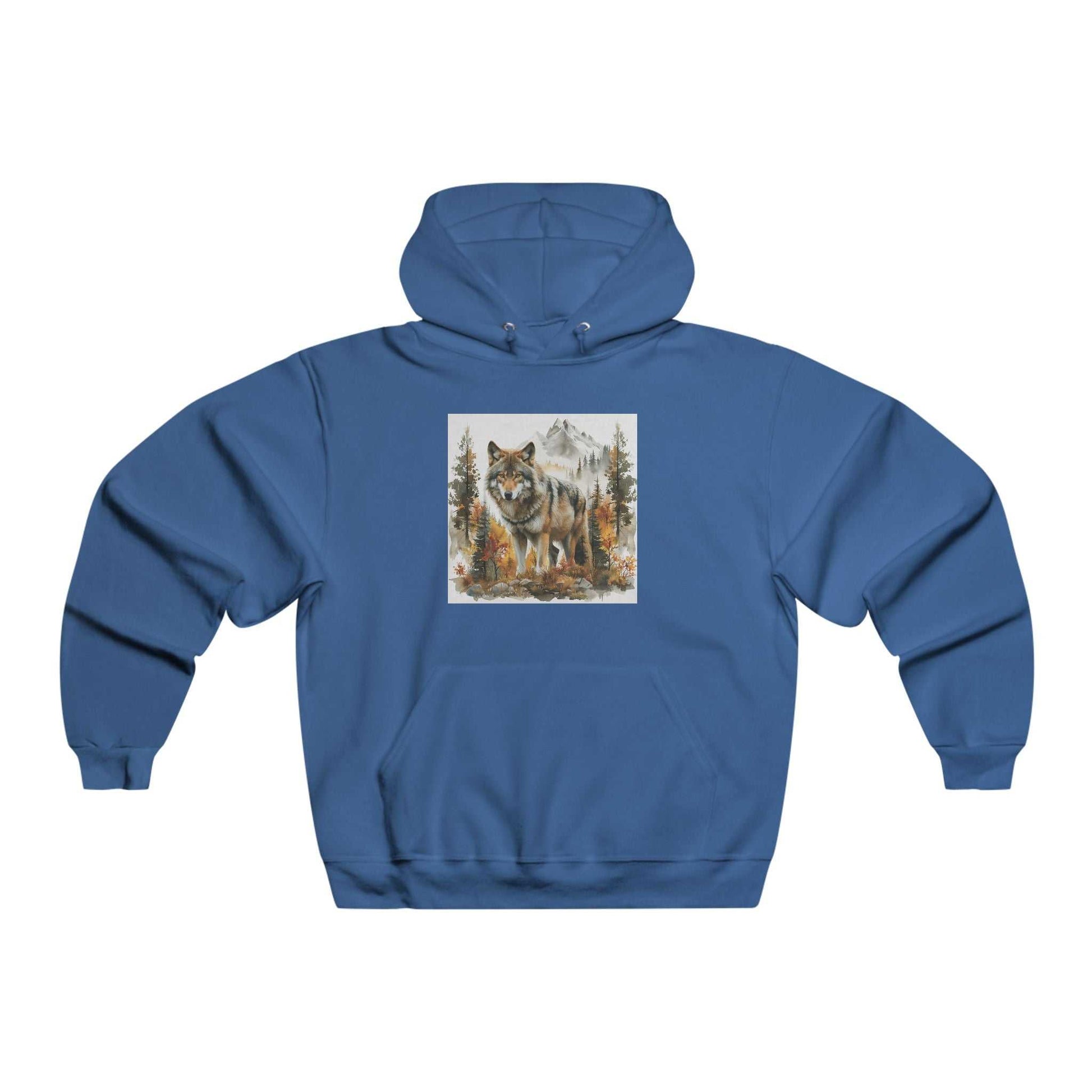 Blue Wilderness Wolf Hoodie with graphic wolf and mountain design, adjustable hood, and kangaroo pocket, made of soft cotton blend.