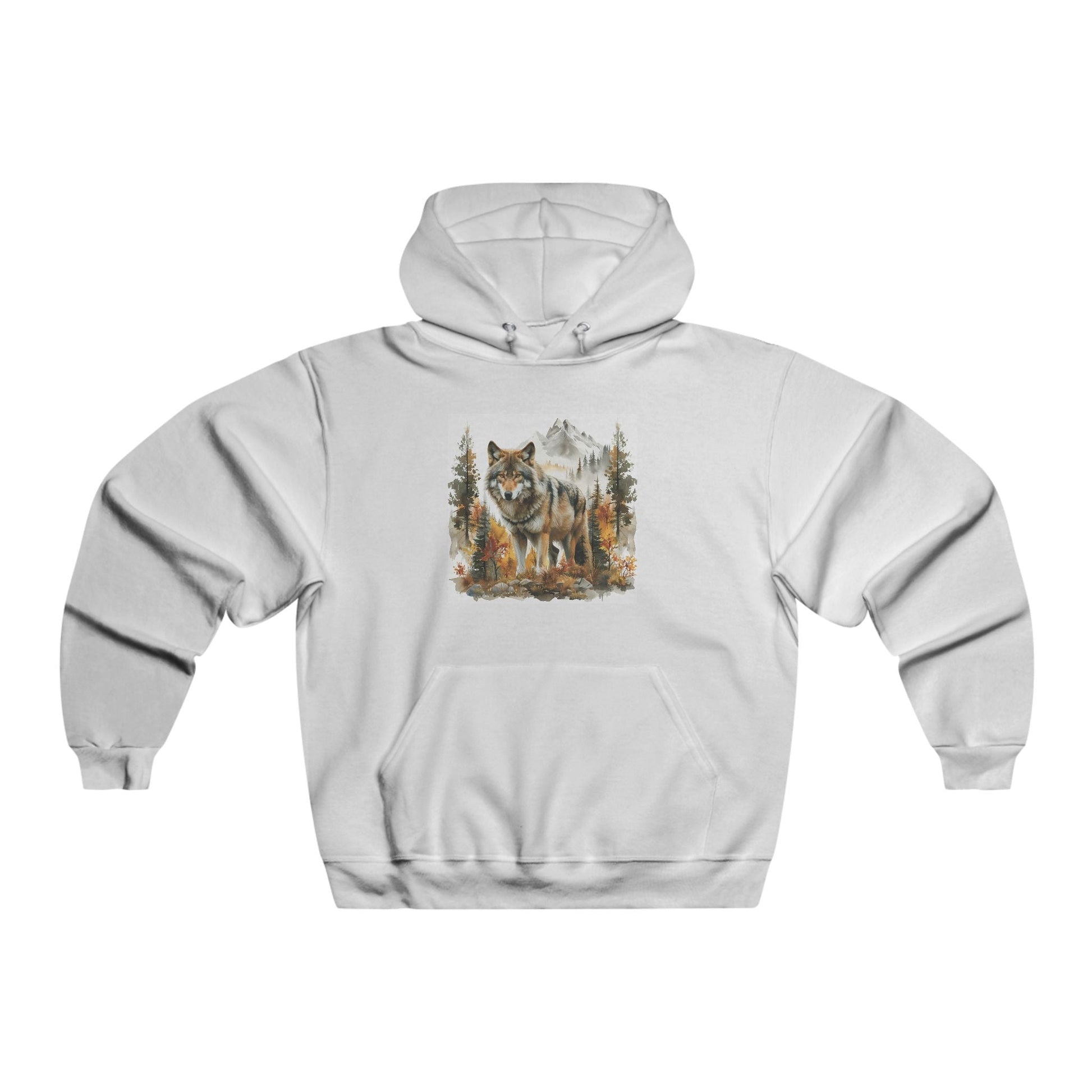 White hoodie with wilderness wolf graphic, soft cotton blend, adjustable hood, kangaroo pocket, casual outdoor sweatshirt