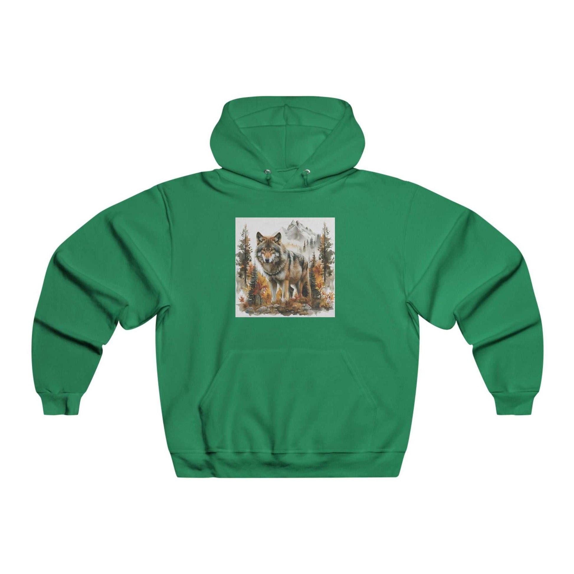 Green Wilderness Wolf Hoodie with front wolf and nature graphic, adjustable hood, and kangaroo pocket for men